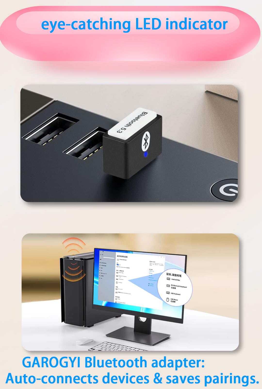 Garogyi Usb Bluetooth 5.3 Adapter For Pc Supports Windows 11/10/8.1/7,Plug &Play For Win11/10, Mini 5.3+Edr Bluetooth Dongle Rec