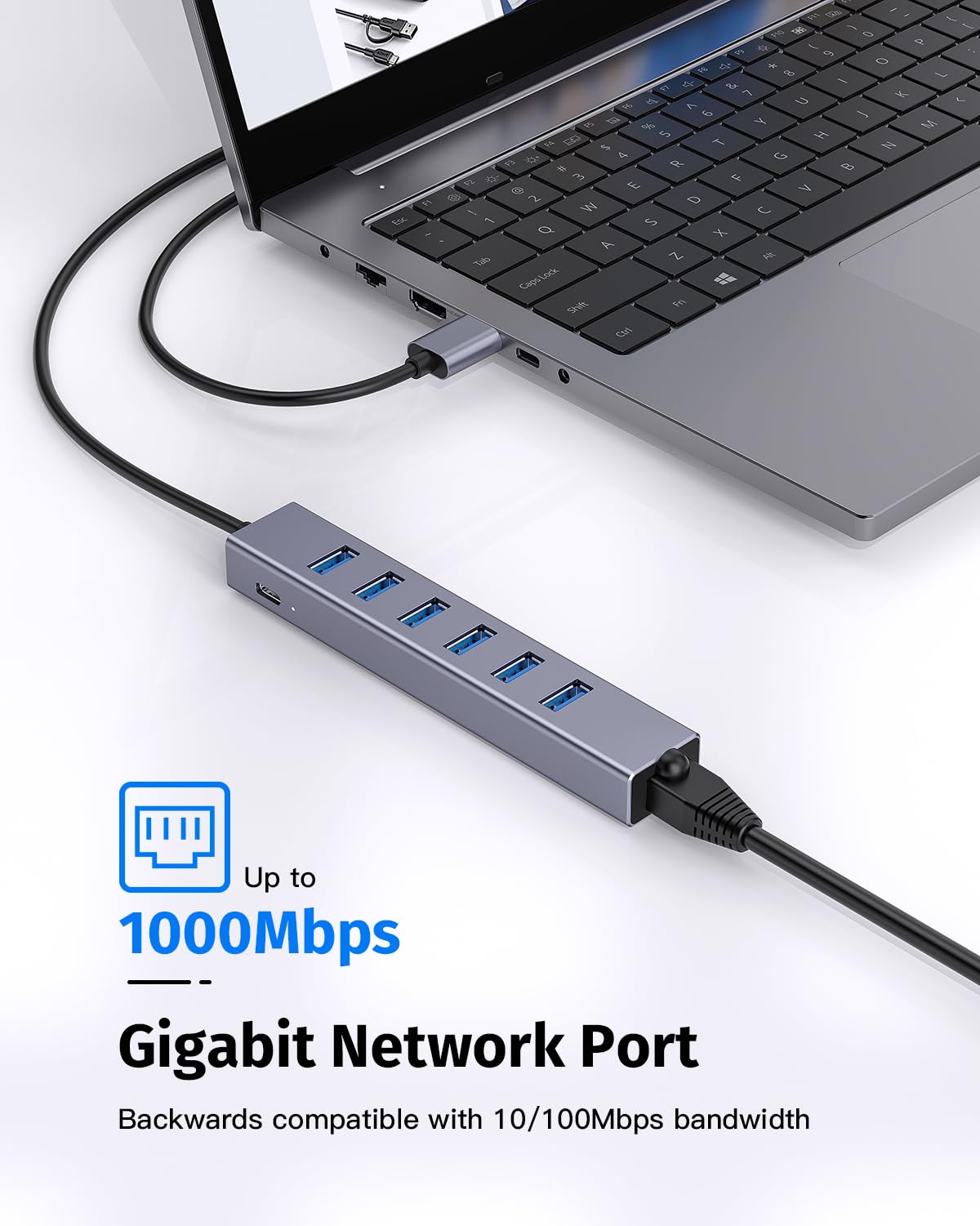 7 Ports Usb 3.0 Hub, Usb To Network Hub With 6 Usb 3.0 Data Transmission, Gigabit Ethernet Port And 5V/3A Power Port,Usb Aluminu