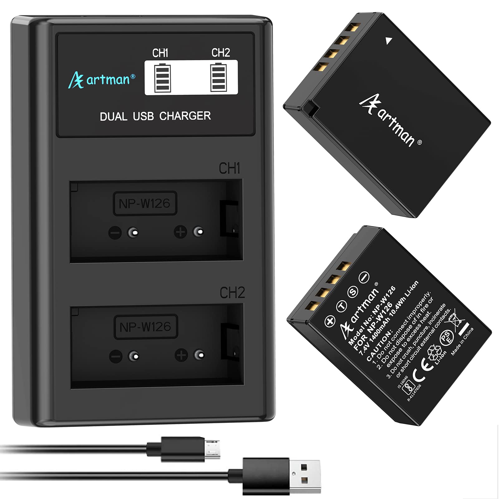 Artman Np W126 Np W126S Battery And Lcd Dual Charger For Fujifilm X100V, X100Vi, X100F, X T100, X T200, X T1, X T2, X T3, X T10,