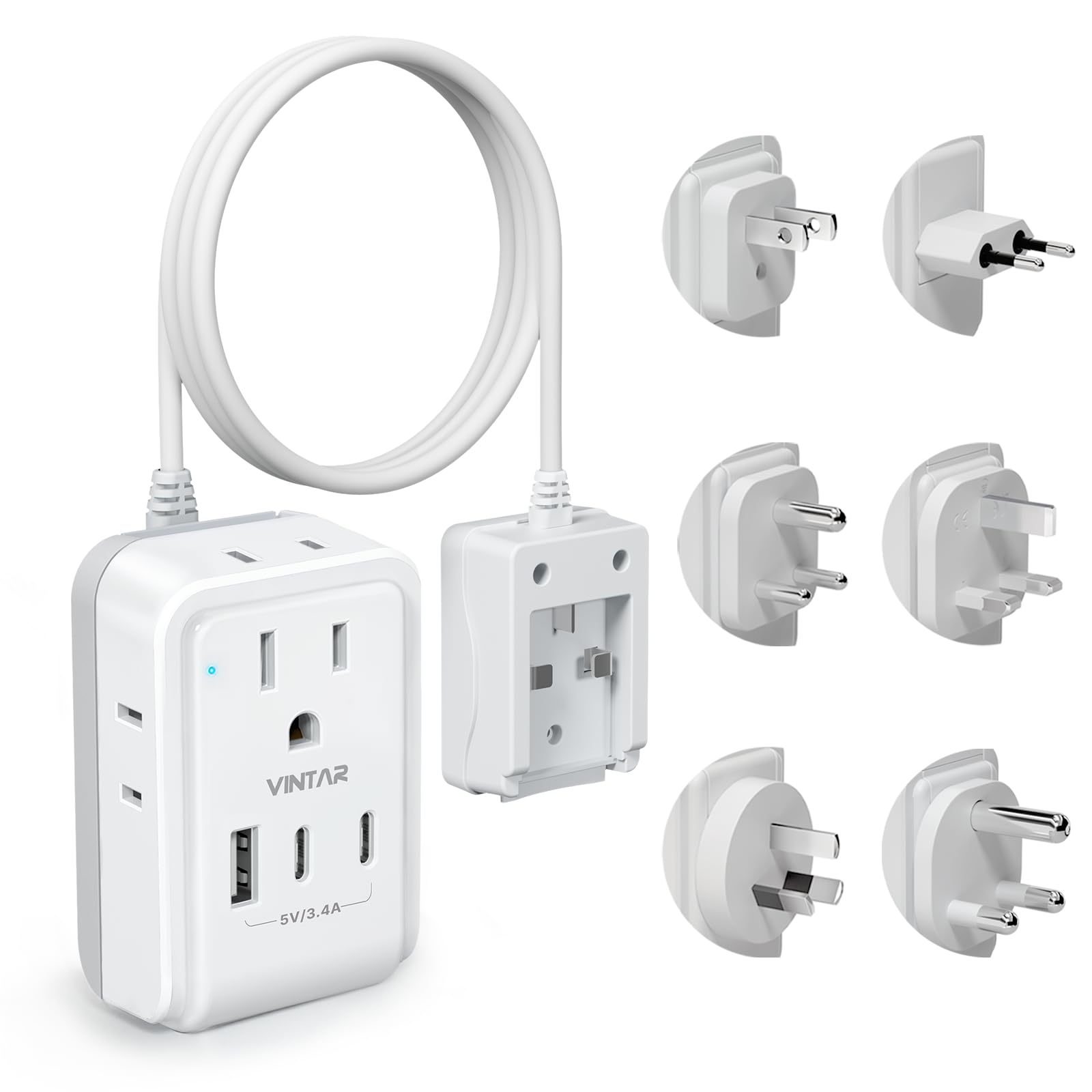 Vintar Universal Travel Adapter Kit, 5Ft Detachable Extension Cord With 4 Ac Outlets & 3 Usb(2 Usb C), Type A/C/G/D/I/M Internat