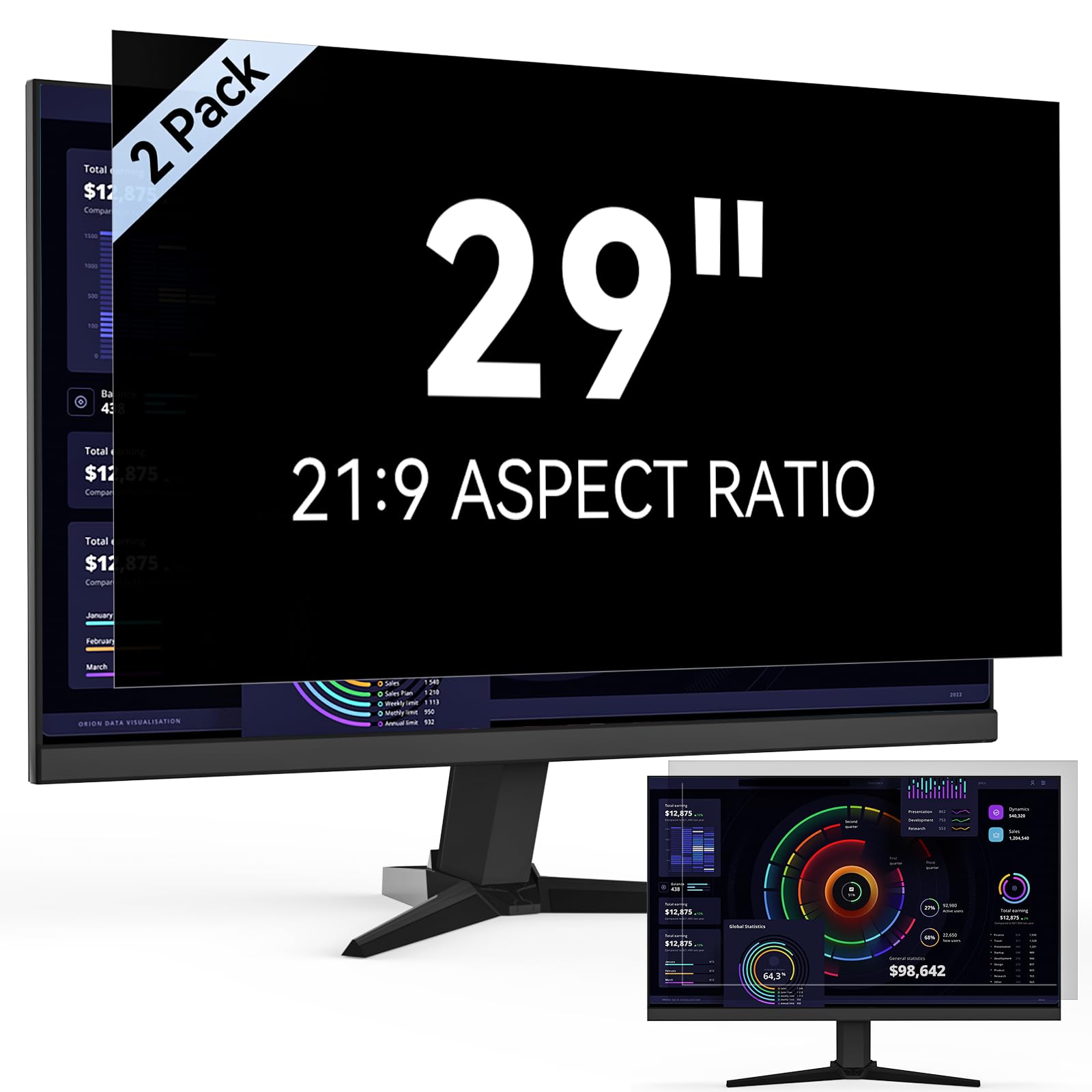 [2 Pack] 29 Inch Computer Privacy Screen Filter For 21:9 Widescreen Monitor, Removable Eye Protection Anti Glare Blue Light Filt