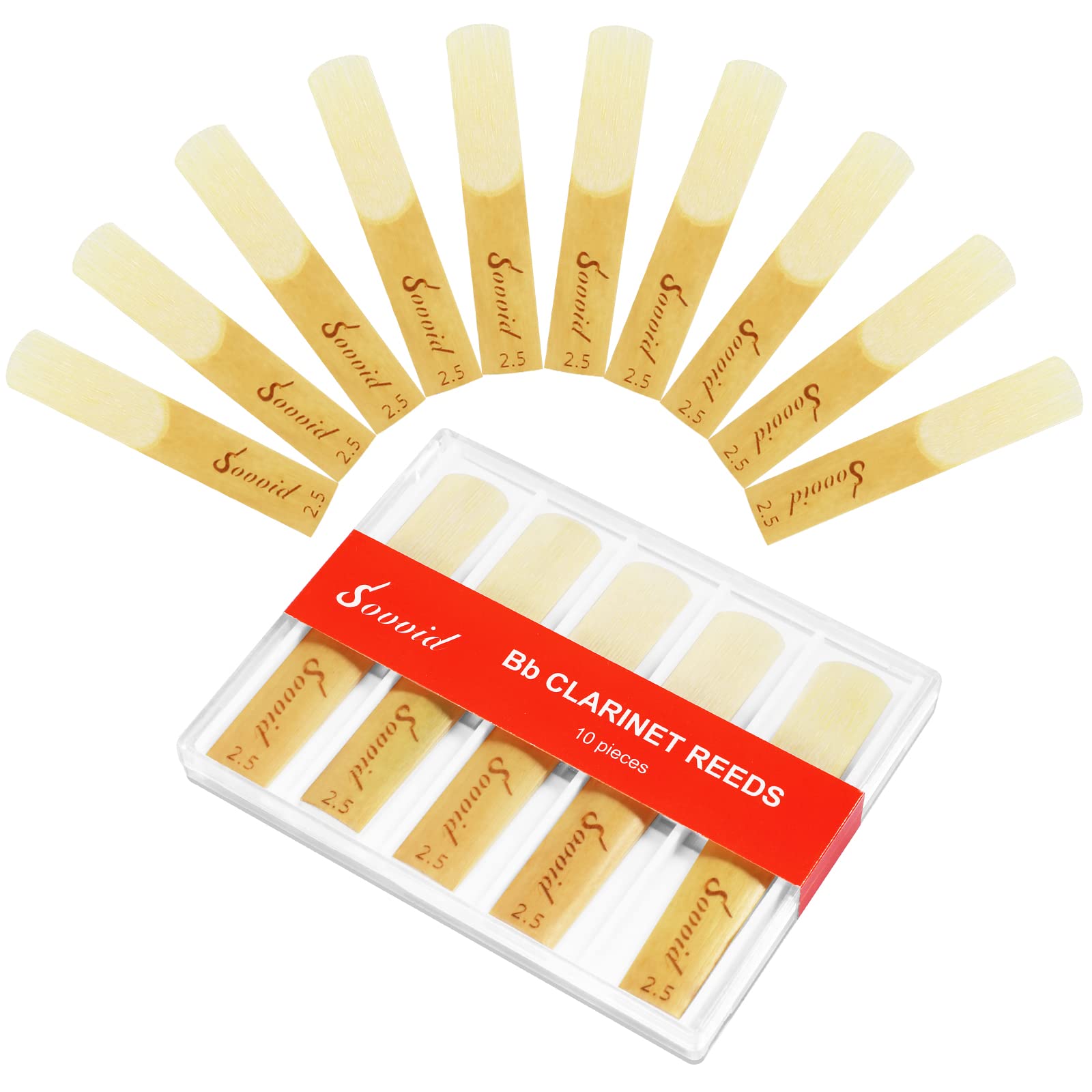 Sovvid 10 Pack Bb Clarinet Reeds With Plastic Box, Strength 2.5 Reeds For Clarinet, Thinner Reed Tip & Unfiled Cut For Easy Of Play, Traditional Reeds For Clarinet Beginner And Player