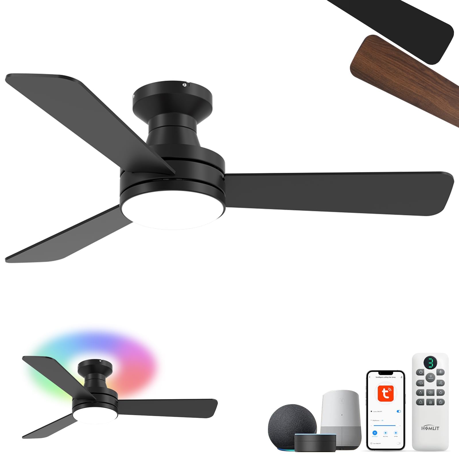 Homlit 42 RGB Ceiling Fan with Light, Smart Fan with Alexa/Google/App Control, Flush Mount Ceiling Fan Light Music Sync, 6-Speed