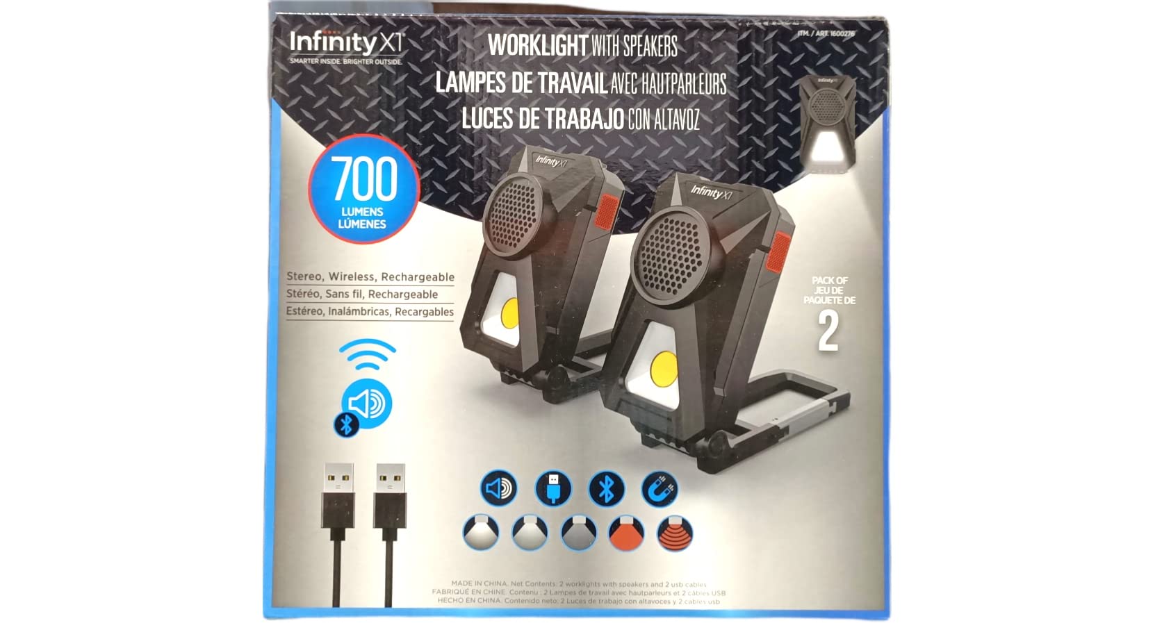 Infinity X1 Stereo, Wireless, Rechargeable 700 Lumens Worklight With Bluetooth Speakers 2 Pack