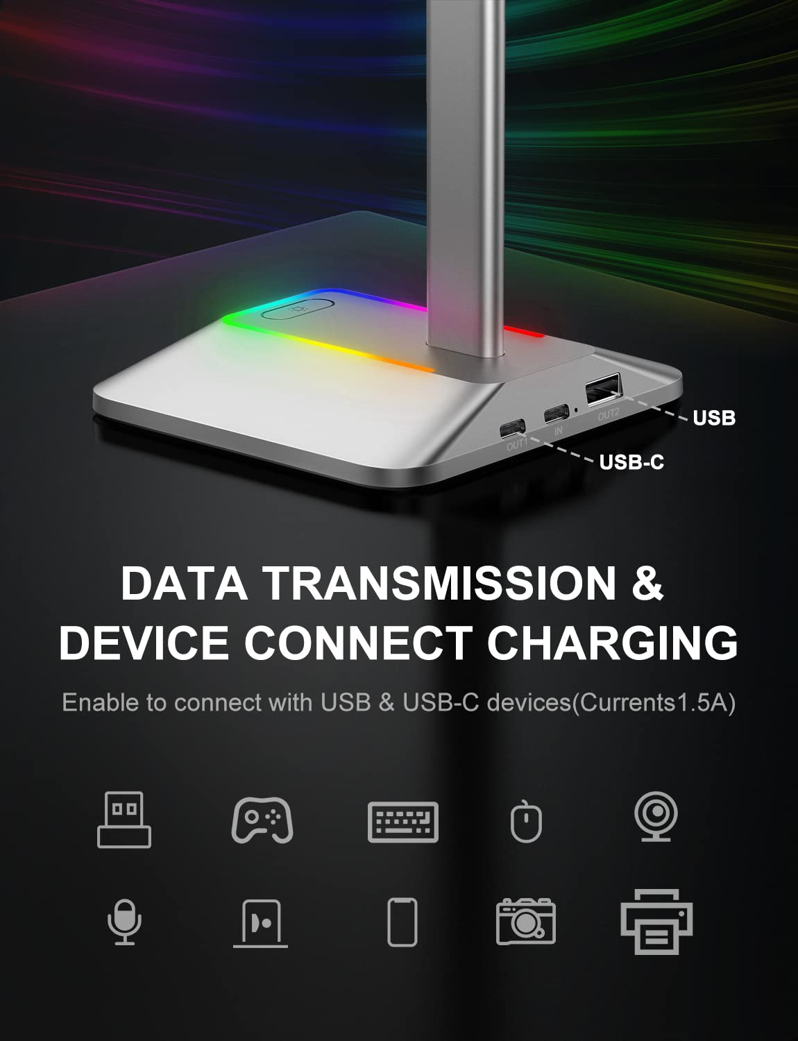 New Bee Rgb Headphone Stand With 1 Usb-C Charging Port And 1 Usb Charging Port, Desk Gaming Headset Stand With 7 Light Modes And