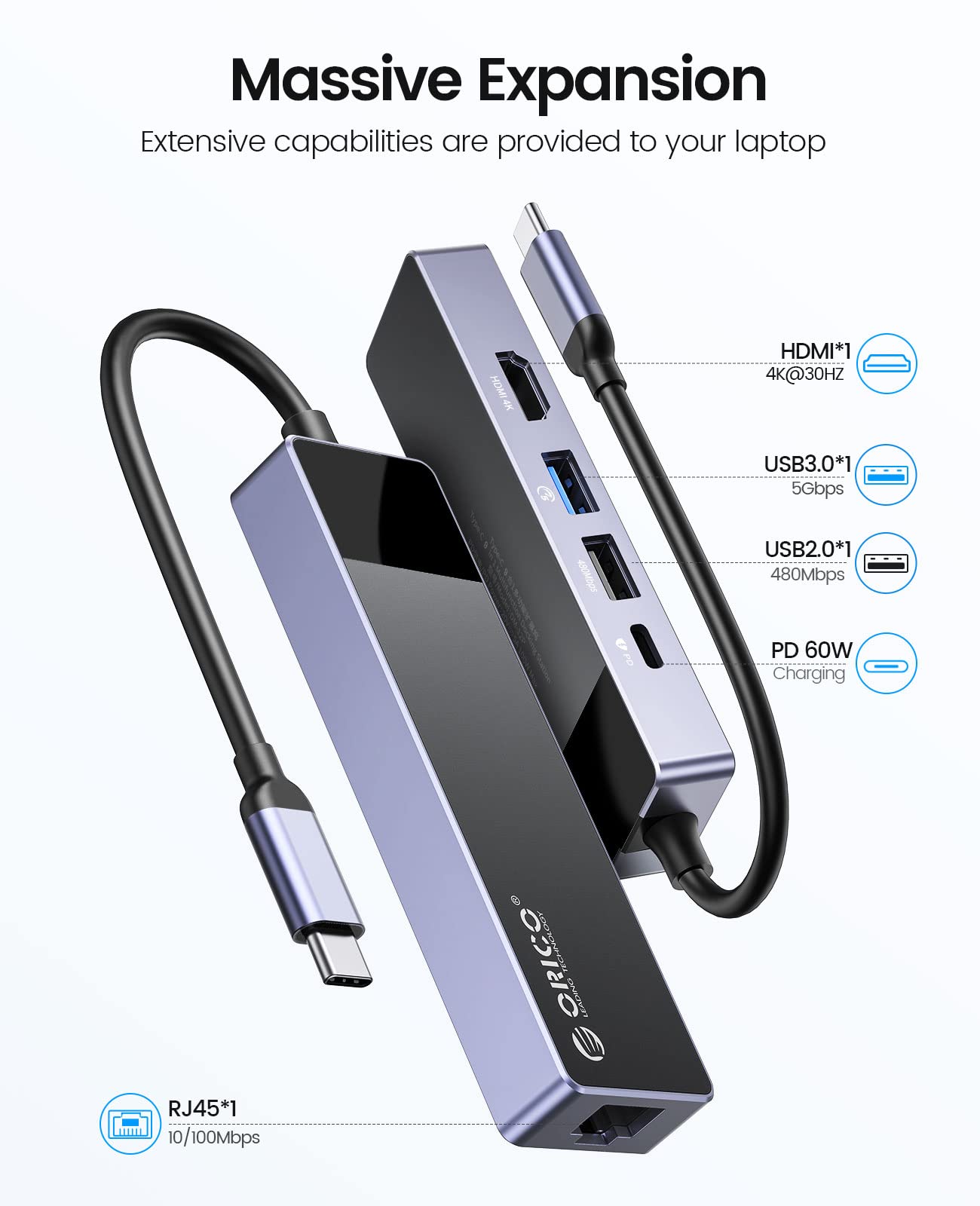 USB C Hub, ORICO 5 in 1 MacBook Docking Station Multiport Adapter with PD 60W,HDMI 4K@30Hz,USB A3.0�1,USB A2 .0�1,RJ45�1 Compatible with Dell/Surface/HP/Lenovo Laptops