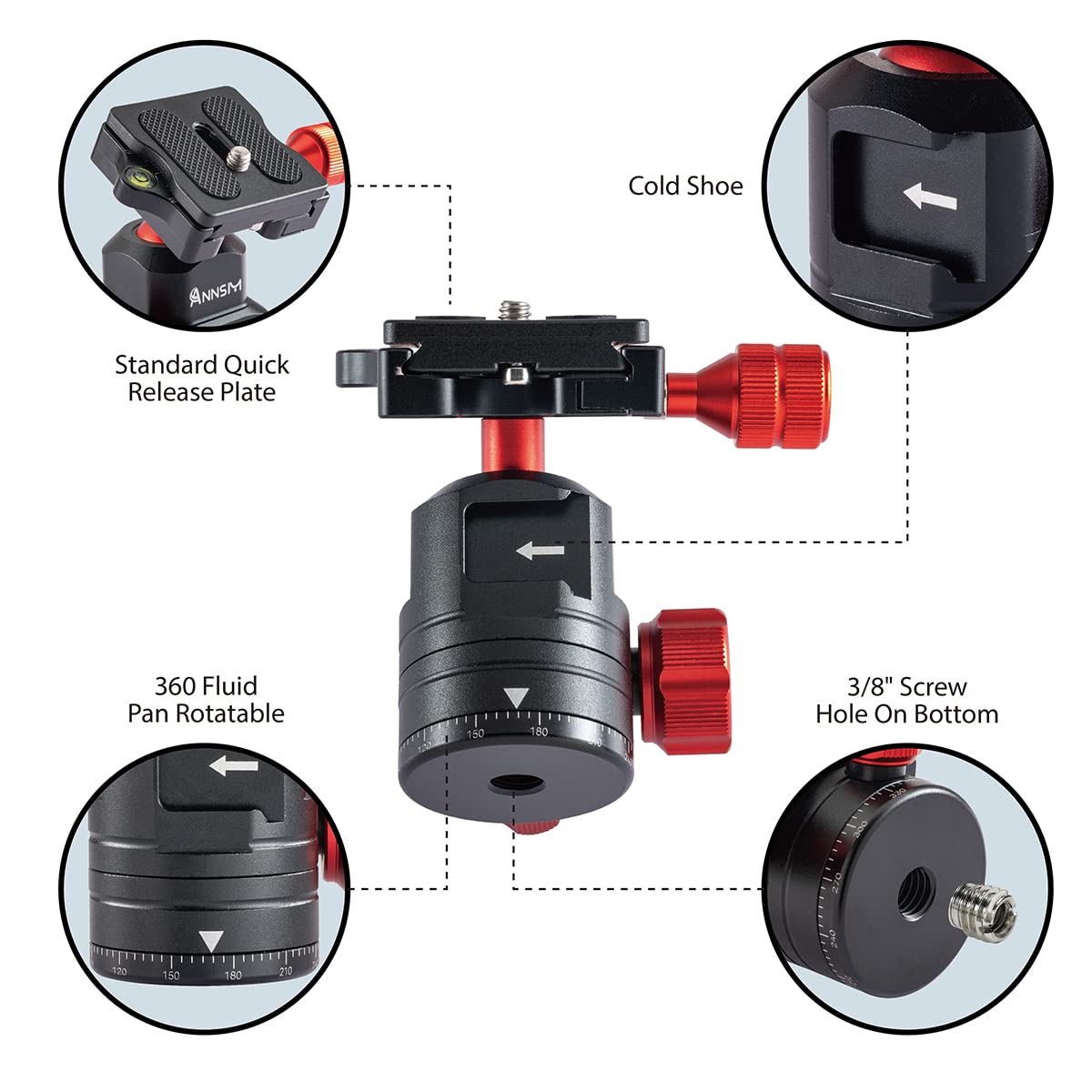 Annsm Tripod Ball Head 360 Degree Rotating Swivel Panoramic Head With Cold Shoe Seat And 38Mm Width Qr Plate For Dslr Camera,Smartphone,Video Light,Slider,Stabilizer,Monopod