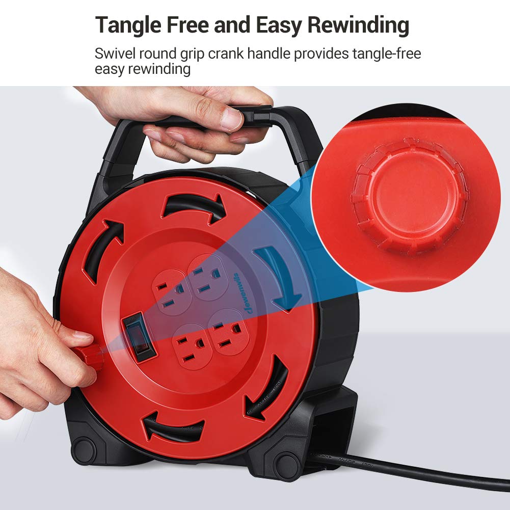 Dewenwils Extension Cord Reel With 30 Ft Power Cord, Hand Wind Retractable, 16/3 Awg Sjtw, 4 Grounded Outlets, 13 Amp Circuit Br