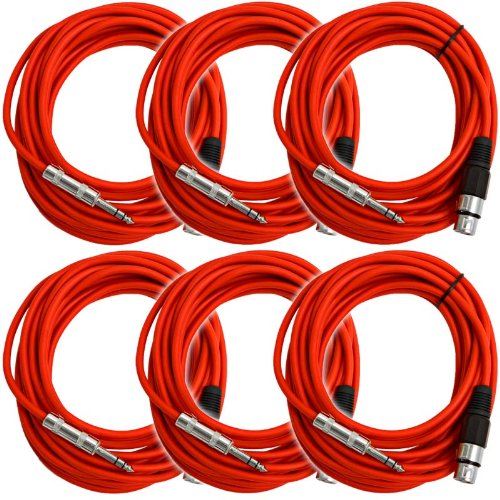 Seismic Audio - SATRXL-F25Red-6Pack - 6 Pack of 25 Ft XLR Female to 1/4 TRS Patch Cable Snake Cords Balanced - Red
