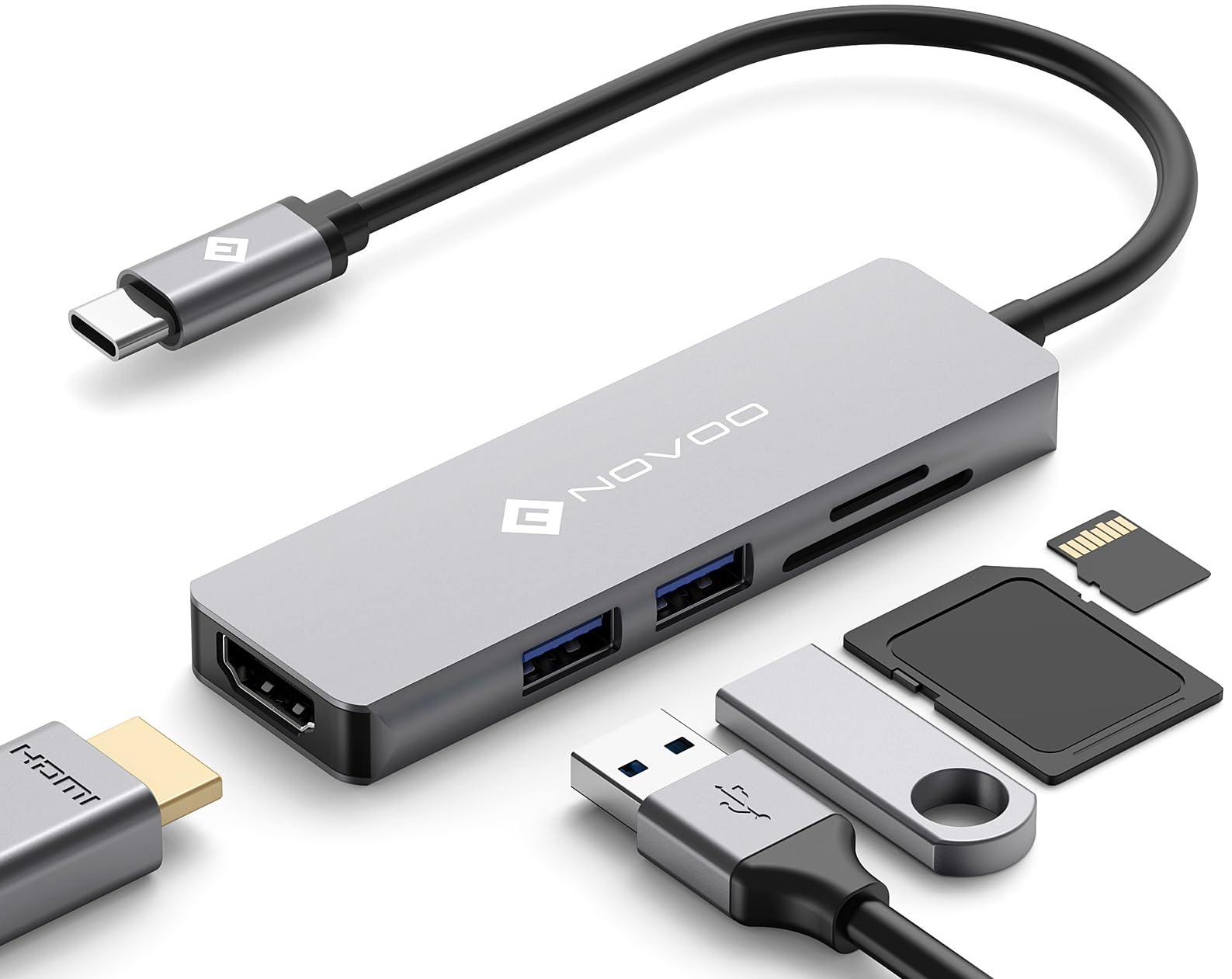 NOVOO USB C Hub 5 in 1 with HDMI 4K Adapter, 2 USB 3.0 Ports, 1 SD Memory Port, 1 microSD Card Reader