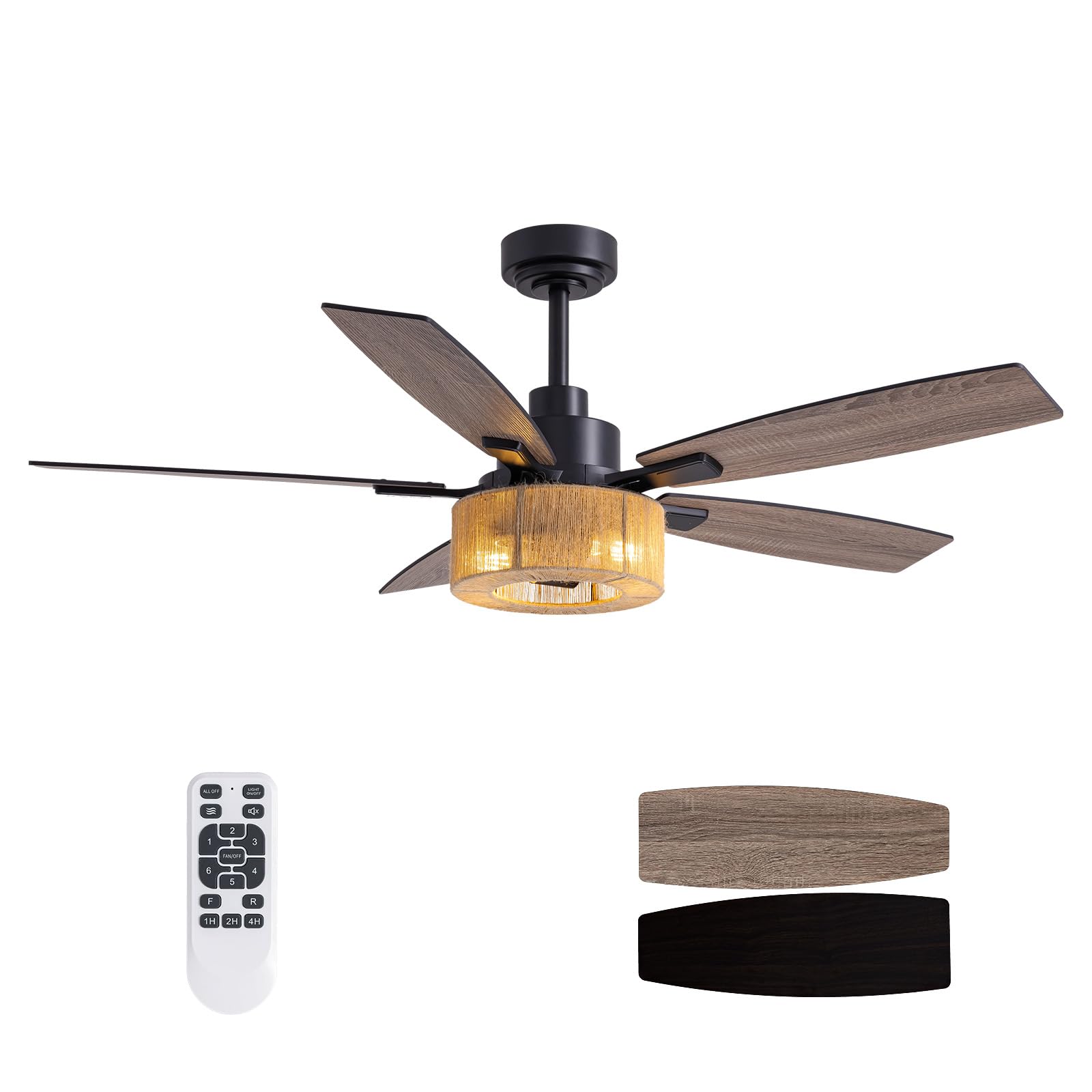 LuminFan 52 Inch Boho Black Hemp Ceiling Fans with Lights and Remote Control, Farmhouse Caged Rattan Ceiling Fan for Dining Room