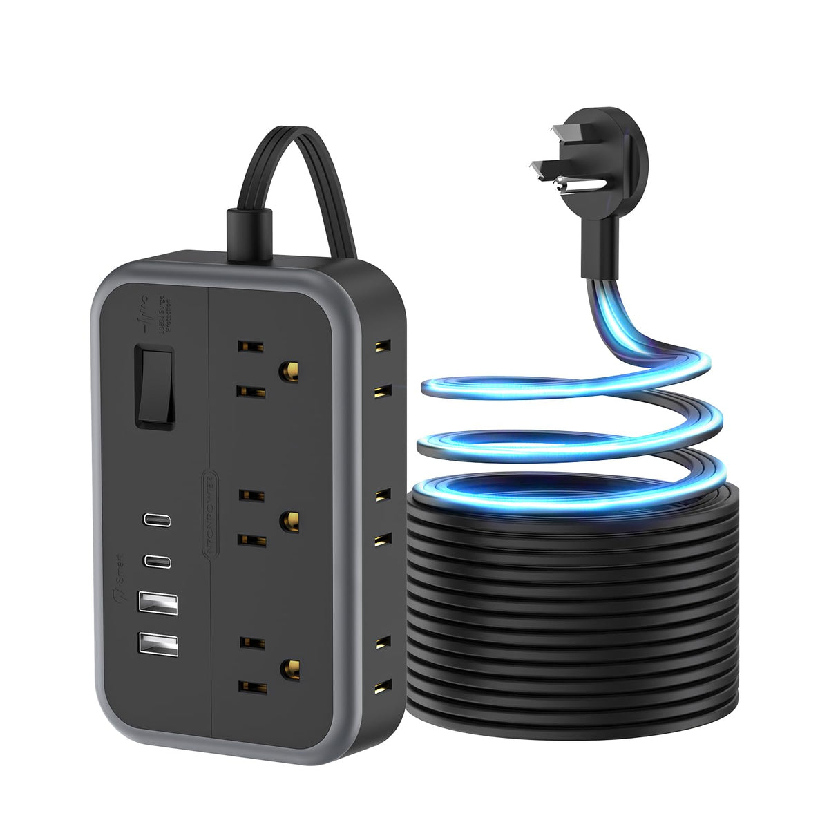 10 In1 Long Extension Cord 25 Ft Ntonpower Flat Plug Power Strip With 4 Usb Ports(Include 2 Usb C) Extension Cord With Multiple 
