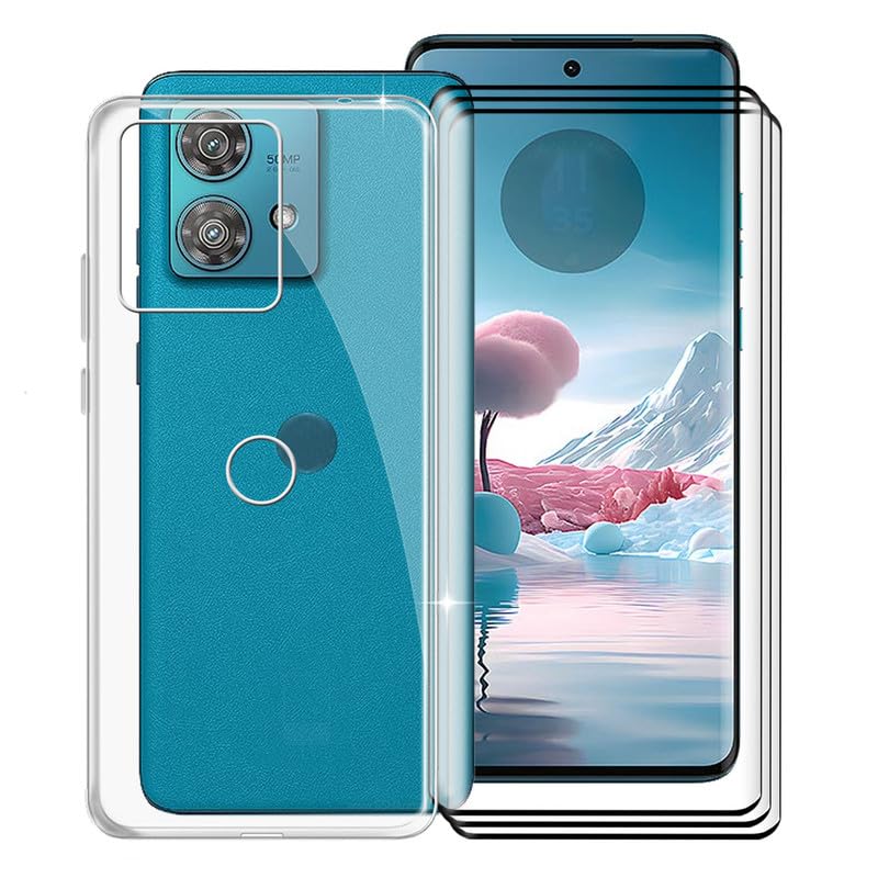 Kjyfoani For Motorola Edge 40 Neo Case With 3 X Tempered Glass Screen Protector, Transparent Shockproof Solf Silicone Protection
