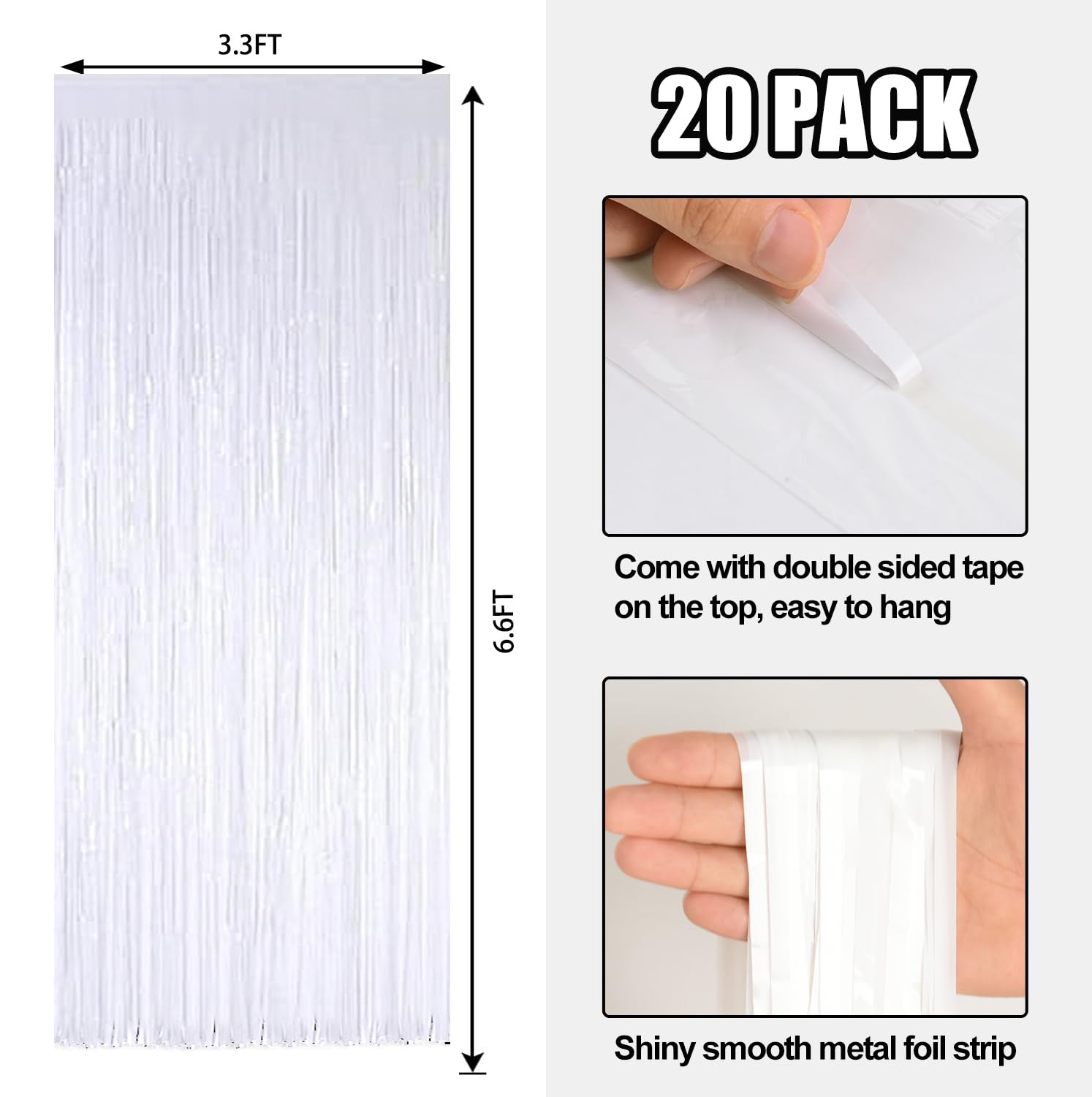 20 Pack White Metallic Tinsel Foil Fringe Curtains Party Photo Backdrop Party Streamers For Birthday,Graduation,New Year Eve Dec