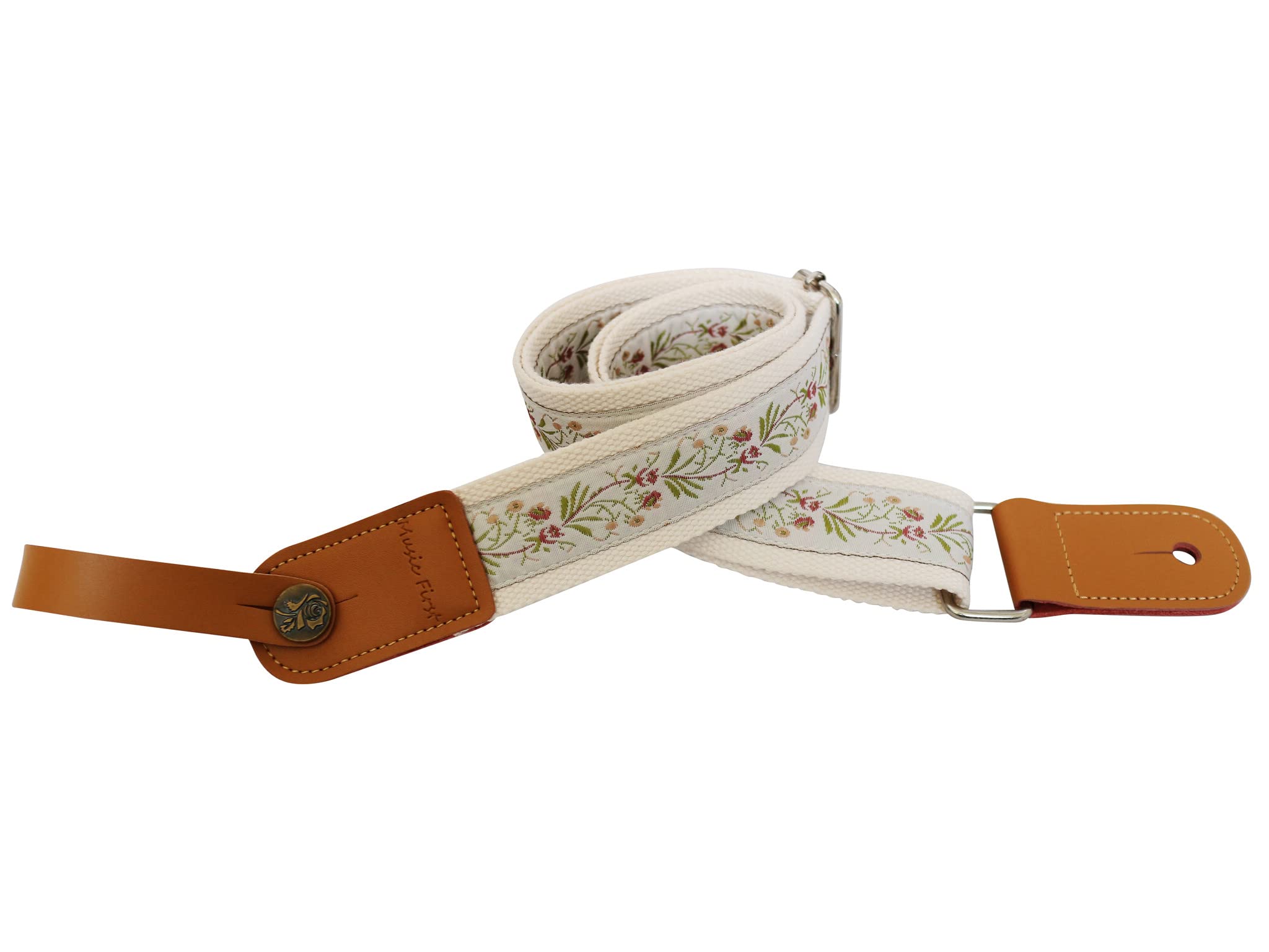 Music First Original Design Vintage Floral Embroidered & Genuine Leather Ukulele Strap Ukulele Shoulder Strap With A Genuine Lea
