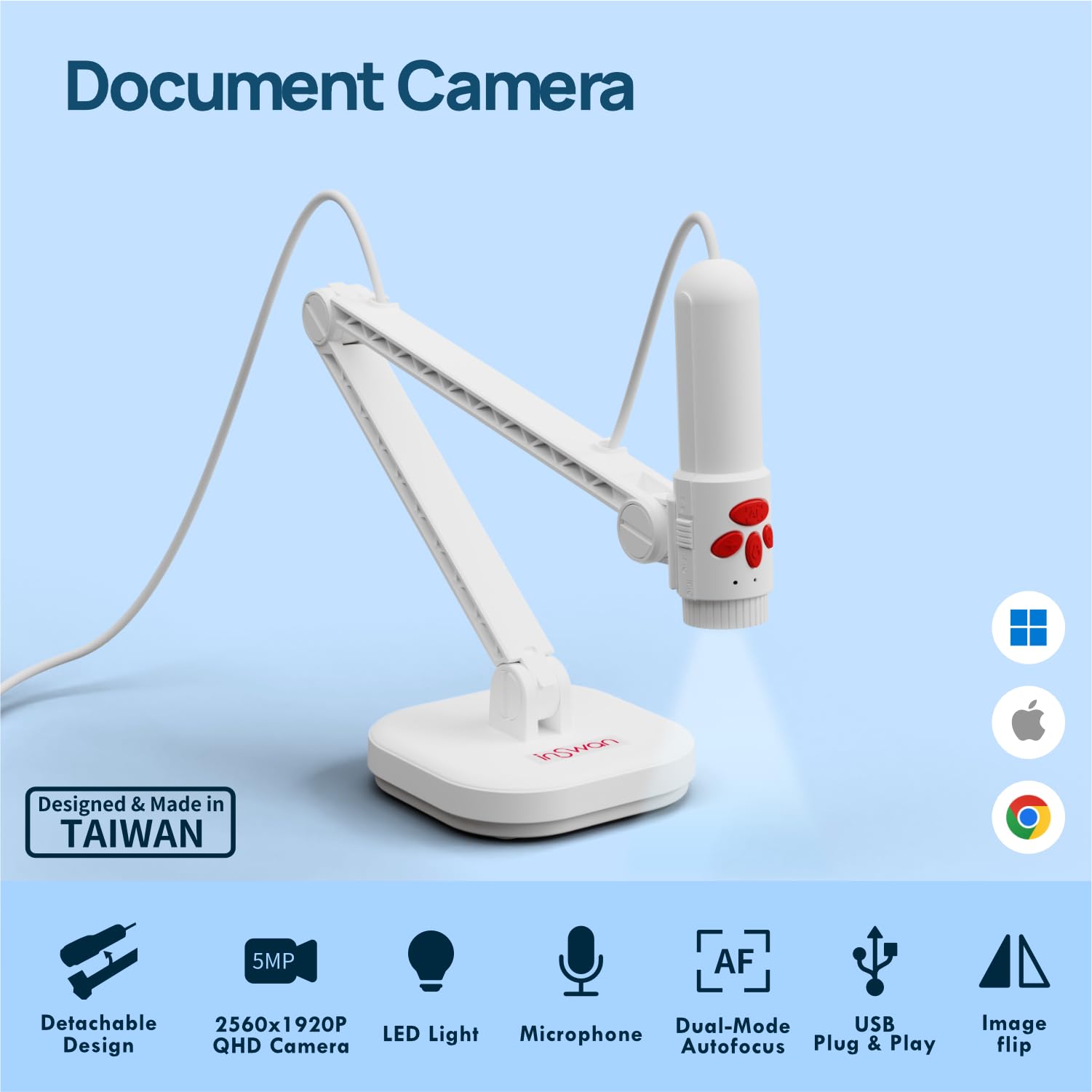 Inswan Ins 3 Detachable Usb Document Camera For Teachers, Built In Mic, Light, Autofocus   Windows, Mac Os, Chromebook For Remot