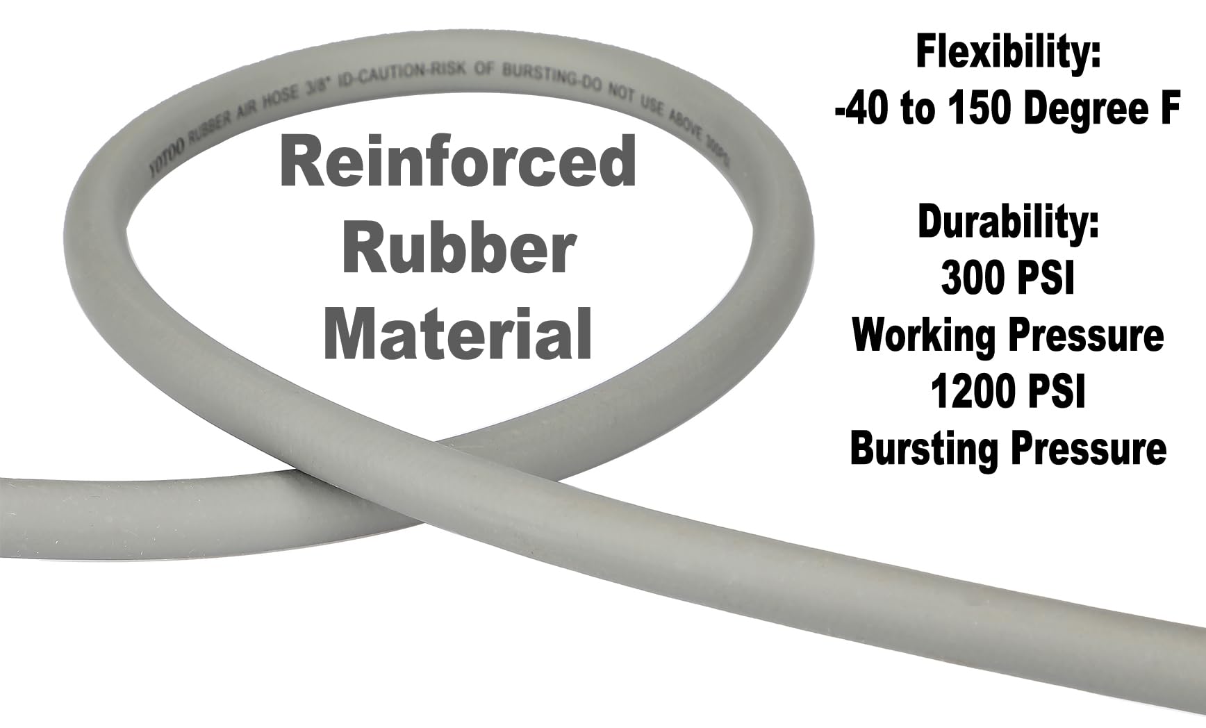 Yotoo Rubber Lead In Air Hose 3/8 Inch By 10 Feet 300 Psi Heavy Duty, Kink Resistant, All Weather Flexibility With 1/4 Inch Bras