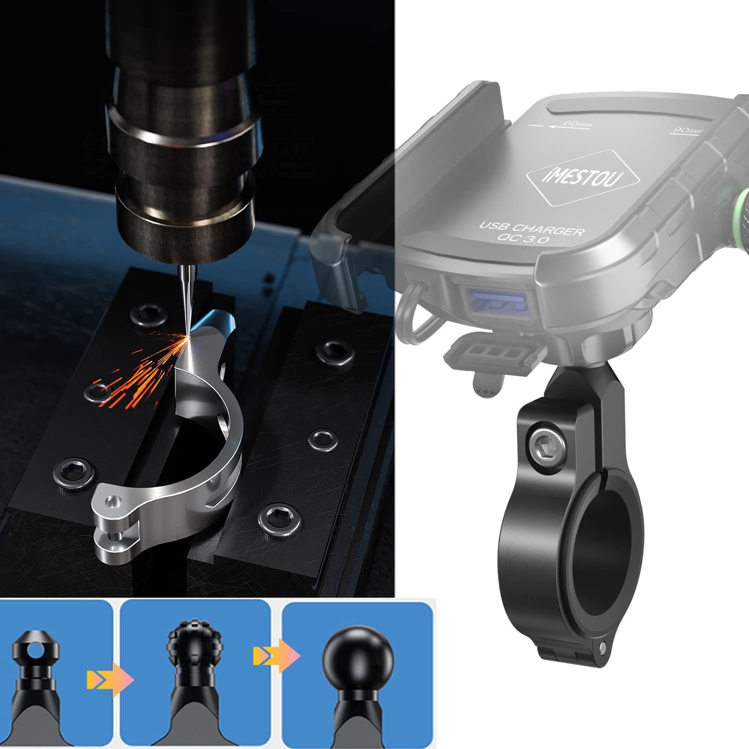 Imestou Motorcycle Phone Mount Usb Charger Handlebar/Rear View Mirror Cellphone Holder Aluminum With 17Mm Ball Works With 12/24V