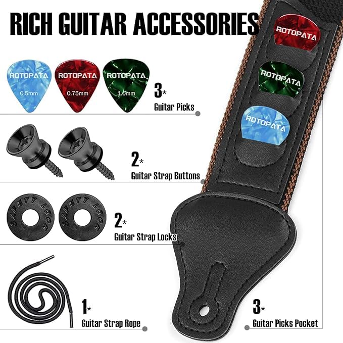 Rotopata Guitar Strap With Pick Holders, 2 Buttons 2 Locks 3 Guitar Picks, Cotton Strap With Pu Leather Ends, Length Adjustable(