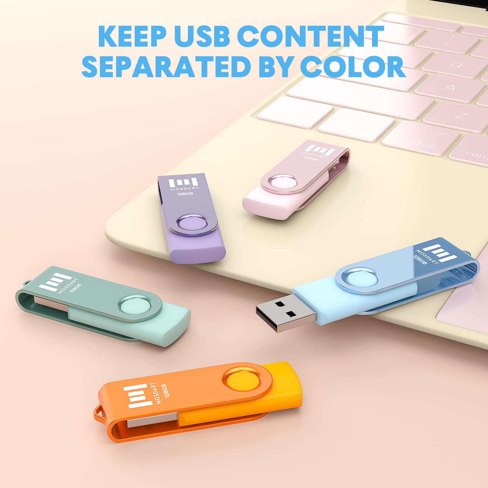 Mosdart 128Gb Usb Flash Drive 5 Pack, 128 Gb Multicolor Multipack Usb2.0 Thumb Drives, Swivel Design With Led Light, Exfat Jump