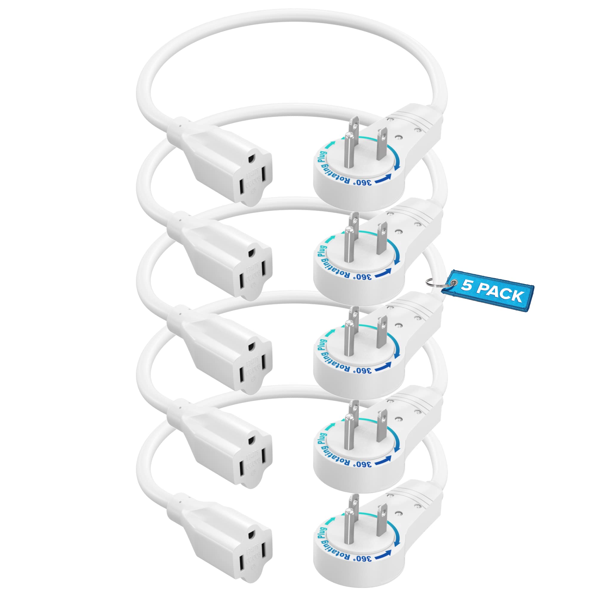 Maximm Extension Cord 0.5 Foot White Flat Plug, 360 Rotating Short Power Cord Single Outlet, Indoor 16 Gauge 3 Prong Grounded Wi