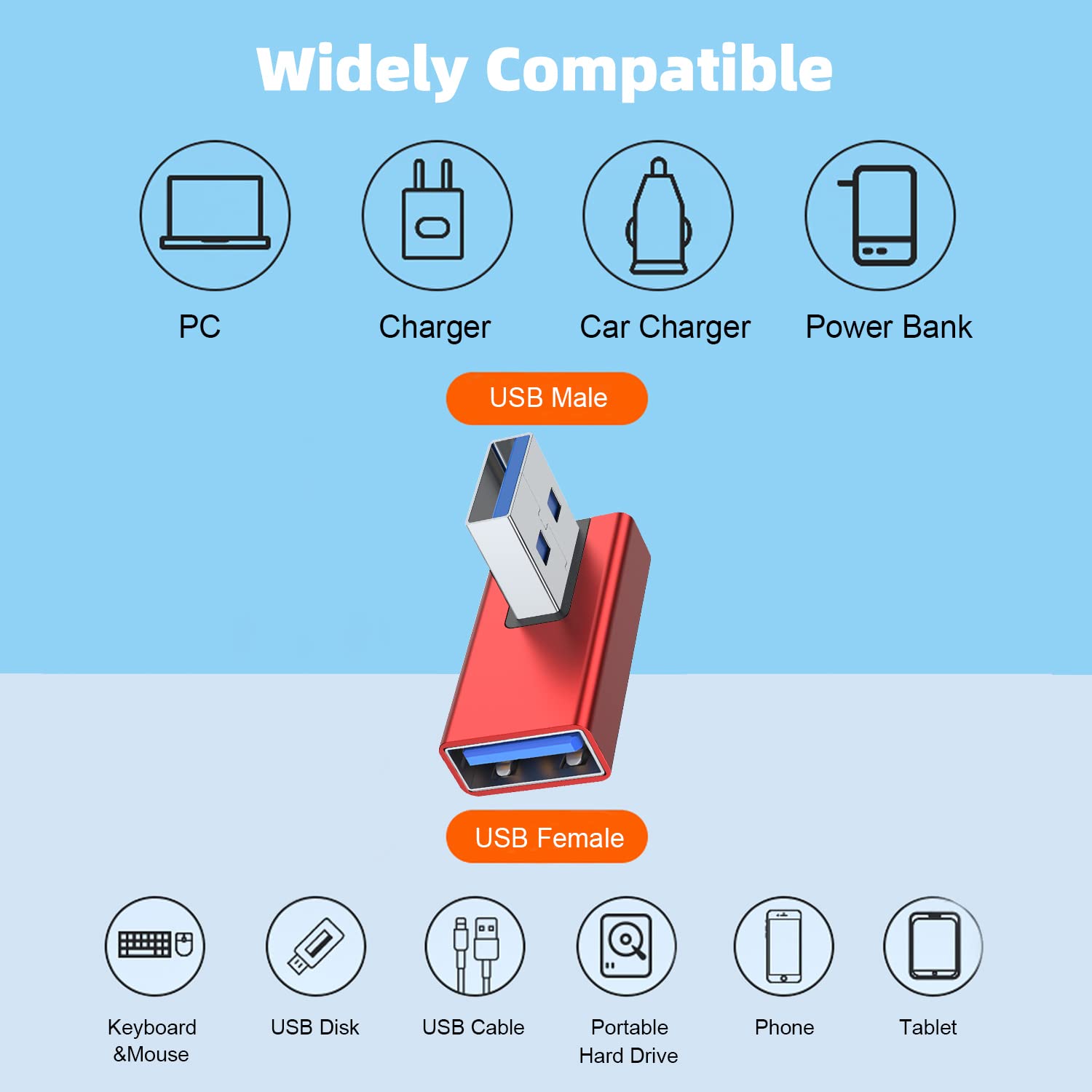 Areme 90 Degree Usb 3.0 Adapter 2 Pack, Left And Right Angle Usb A Male To Female Converter Extender For Pc, Laptop, Usb A Charger, Power Bank And More (Red)
