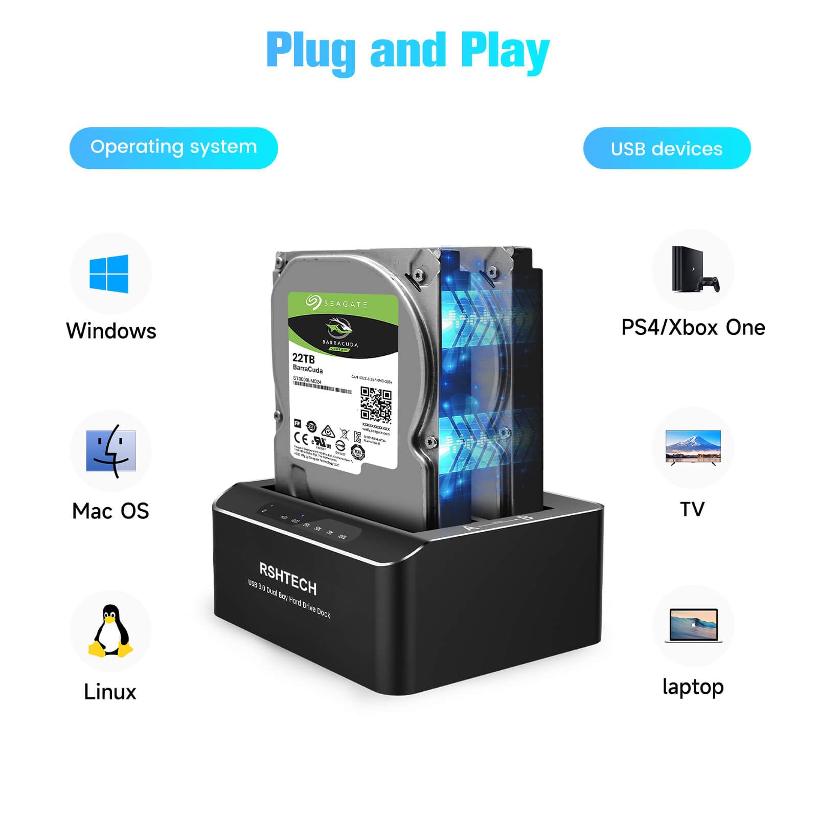 Rshtech Hard Drive Docking Station Aluminum Usb C/Usb 3.0 To Sata Dual Bay Hard Drive Dock For 2.5 Or 3.5 Inch Hdd Ssd, With 2 I