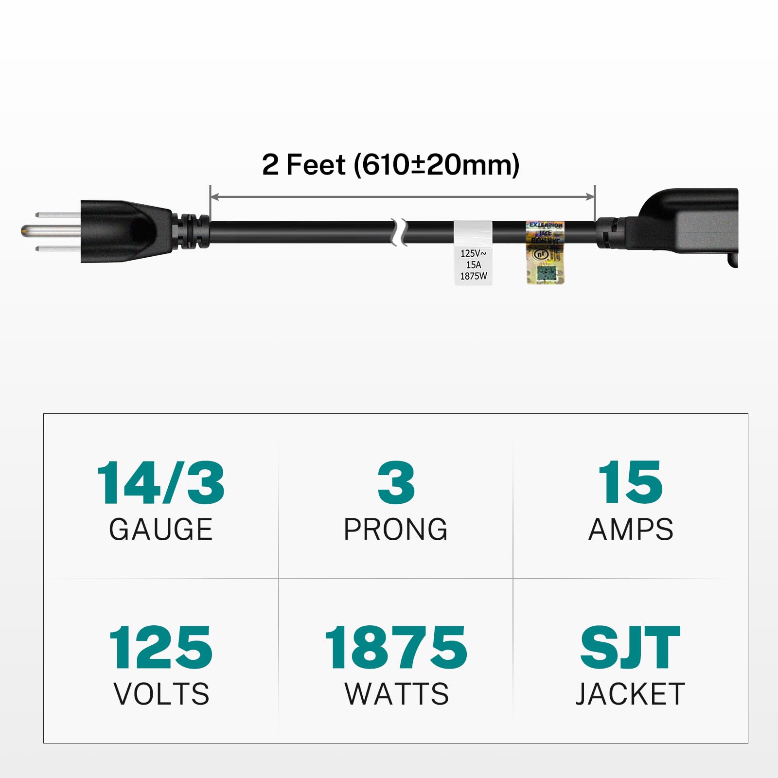 Firmerst 15 Amp 2 Feet 3 Prong Extension Cord 14 Gauge 1875W Black