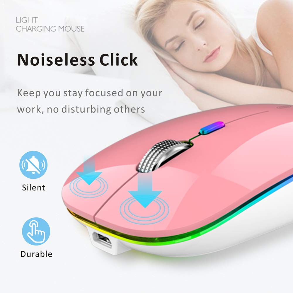 Uiosmuph Led Wireless Mouse, G12 Slim Rechargeable Silent 2.4G Portable Usb Optical Computer Mice With Receiver And Type C Adapt