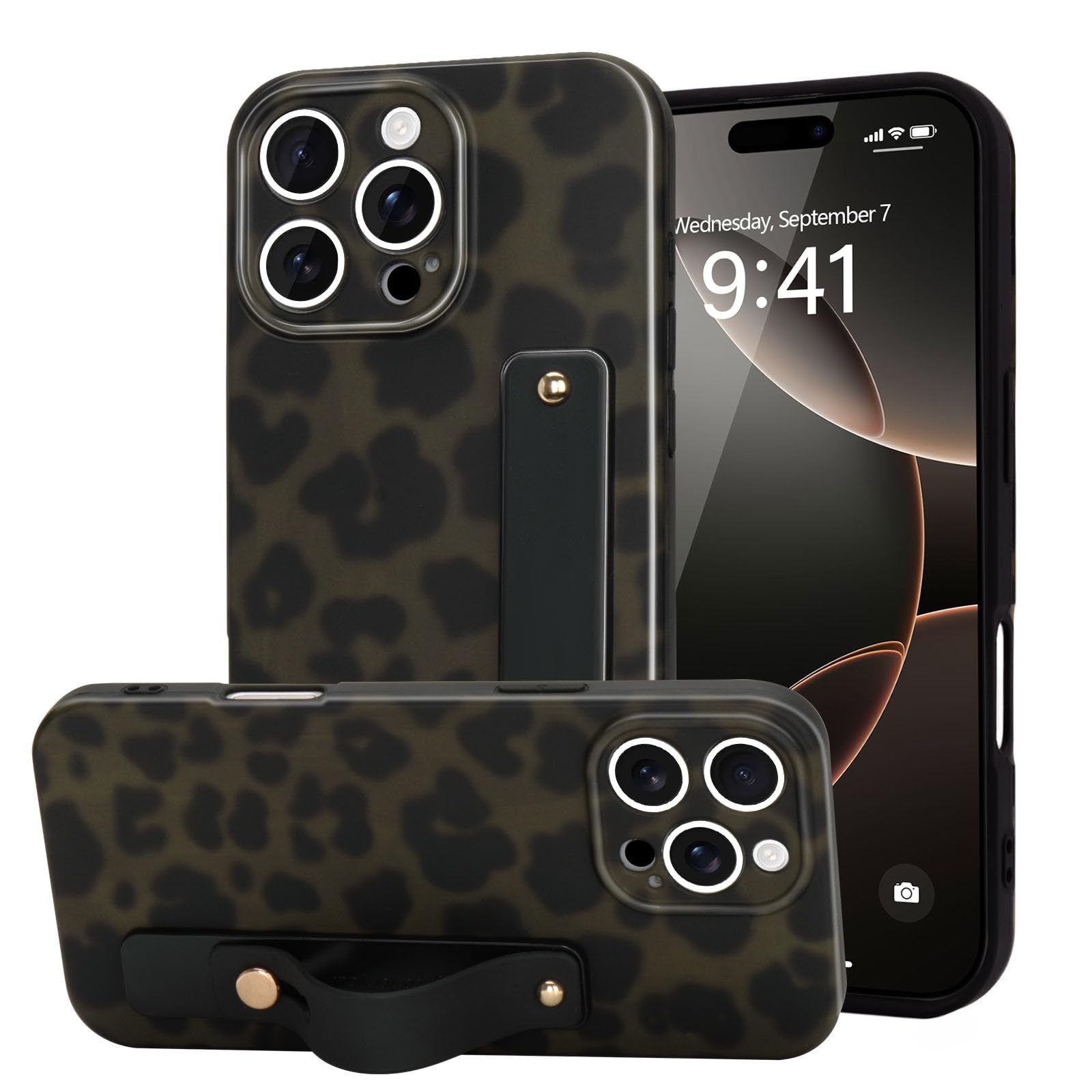 LAPOPNUT for iPhone 16 Pro Case with Wrist Strap, Cheetah Leopard Tortoise Shell Print Shockproof Soft TPU Protective Case Women