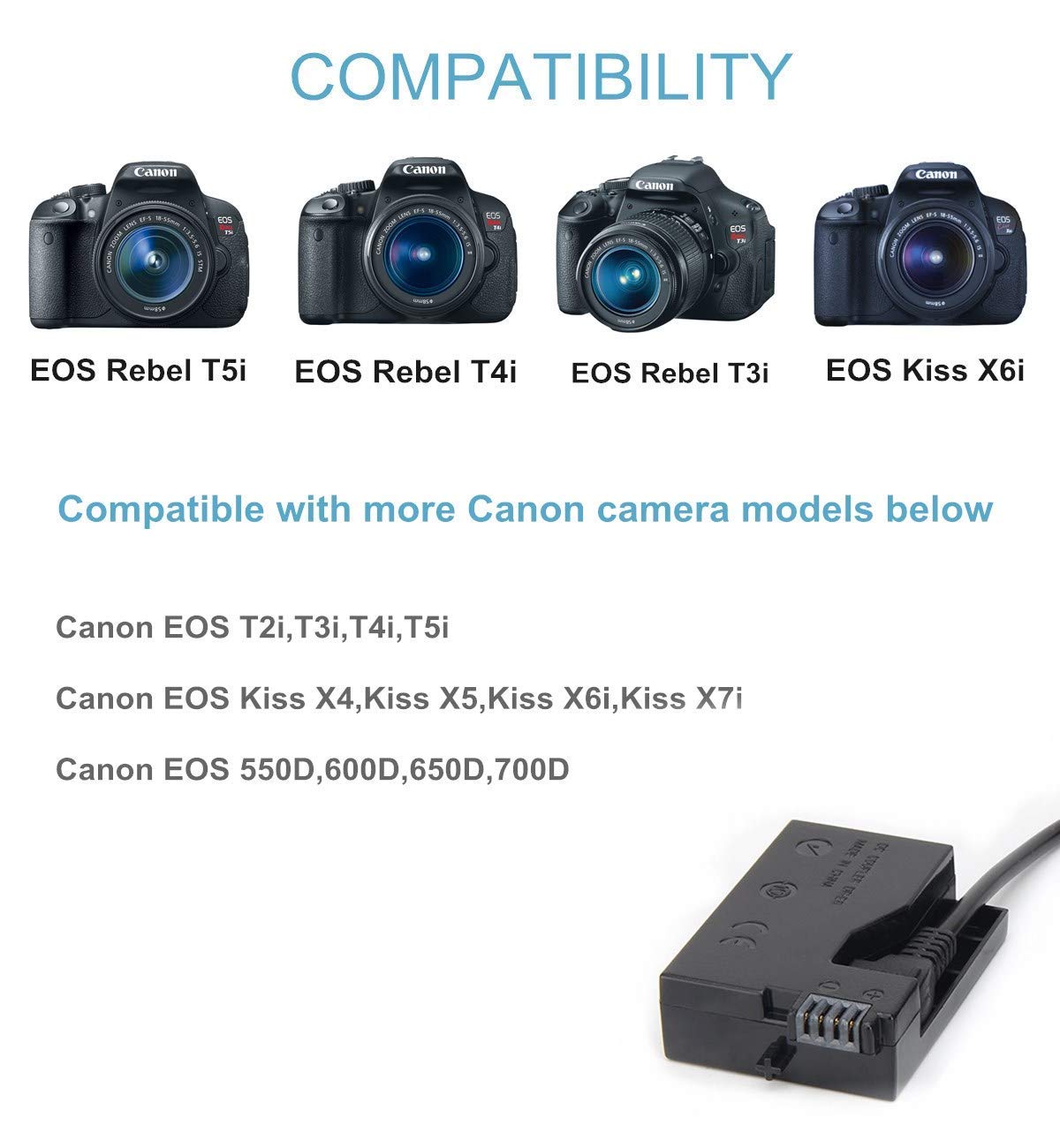 Kimaru Ack E8 Ac Power Adapter Lp E8 Dummy Battery Dr E8 Dc Coupler Kit For Canon T2I, T3I, T4I, T5I, 700D, 650D, 600D, 550D, Kiss X4 X5 X6I X7I Cameras.