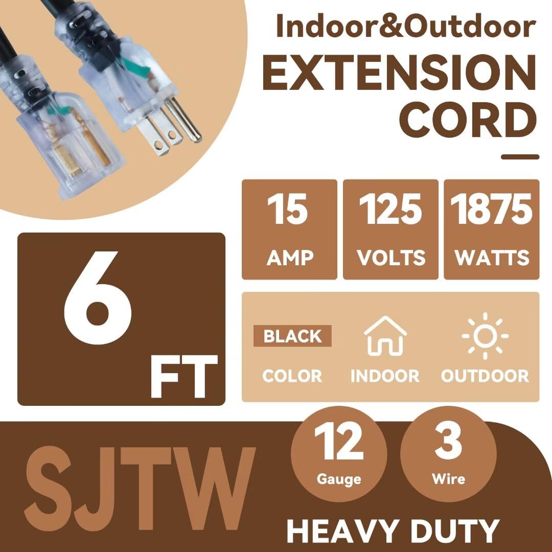 Fnxpow Indoor Outdoor Extension Cord, 12 Gauge 3 Prong Weatherproof Heavy Duty Black Extension Cord With Lighted Indicator End,