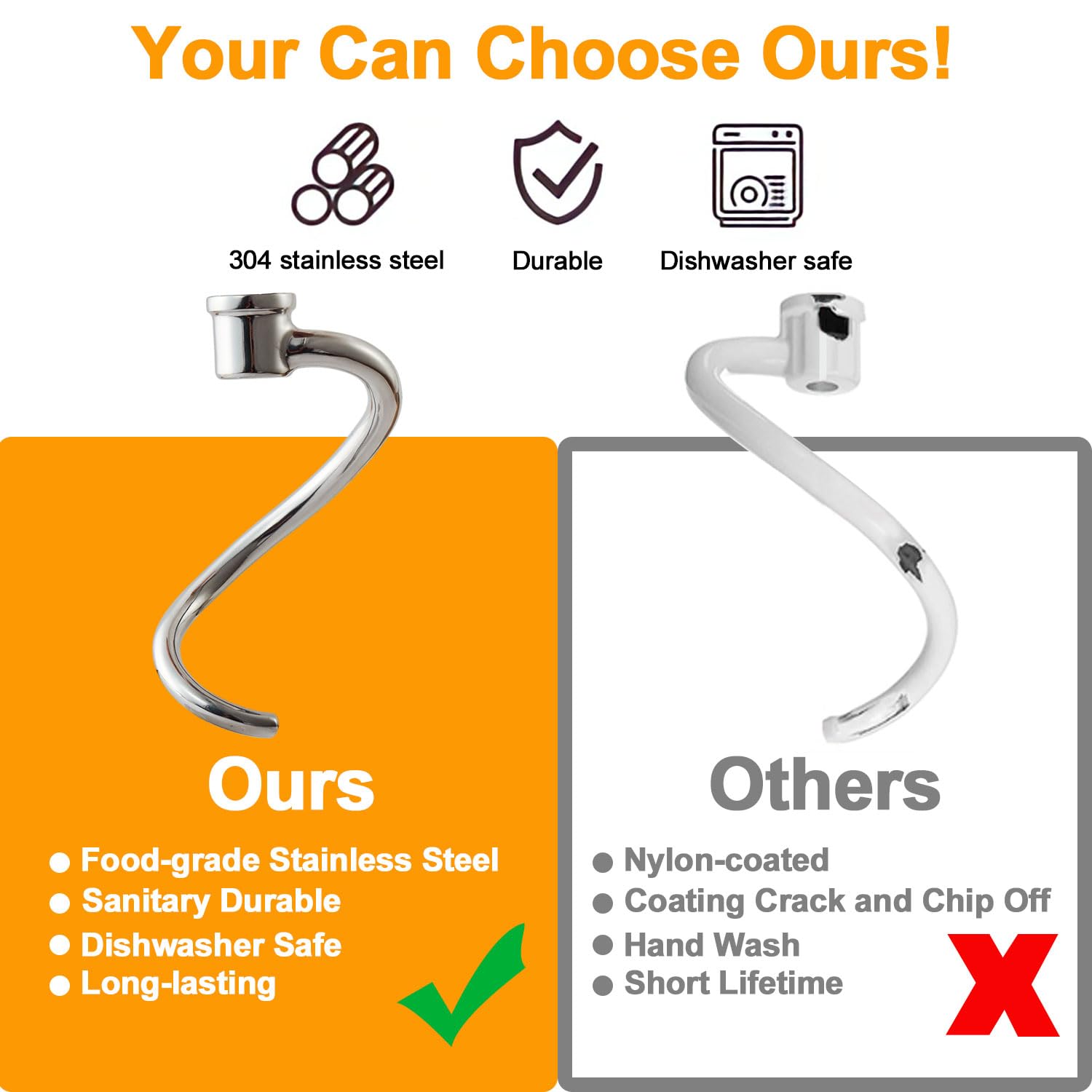 Lawenme 6 Qt Dough Hook For Kitchenaid Mixer, Stainless Steel Spiral Dough Hook Attachment For Kitchenaid 5.5 6 Quart Bowl Lift