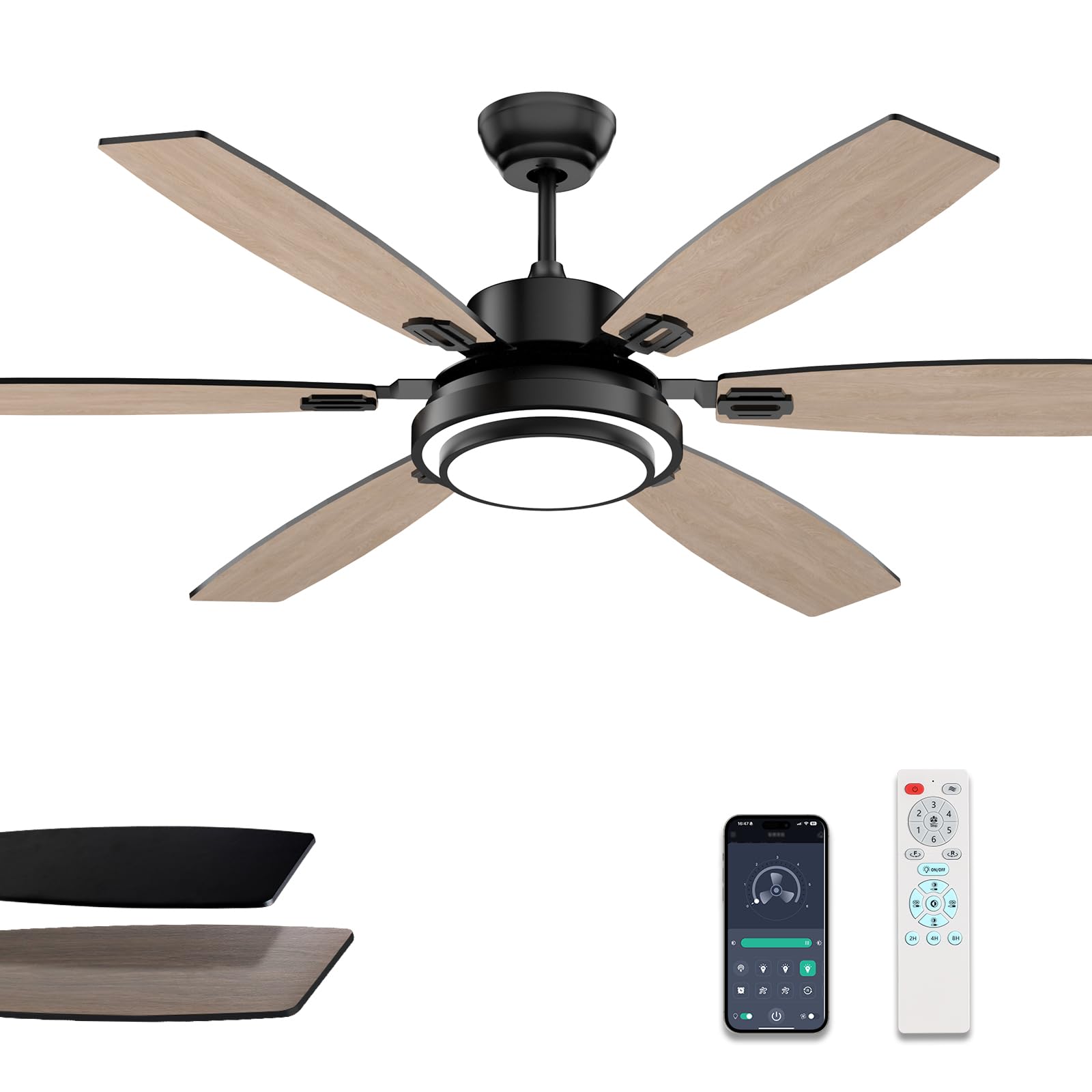 Fanbliss 60 Inch Black Large Ceiling Fans with Lights and Remote Control for Living Room, Modern Ceiling Fan with Quiet Reversib
