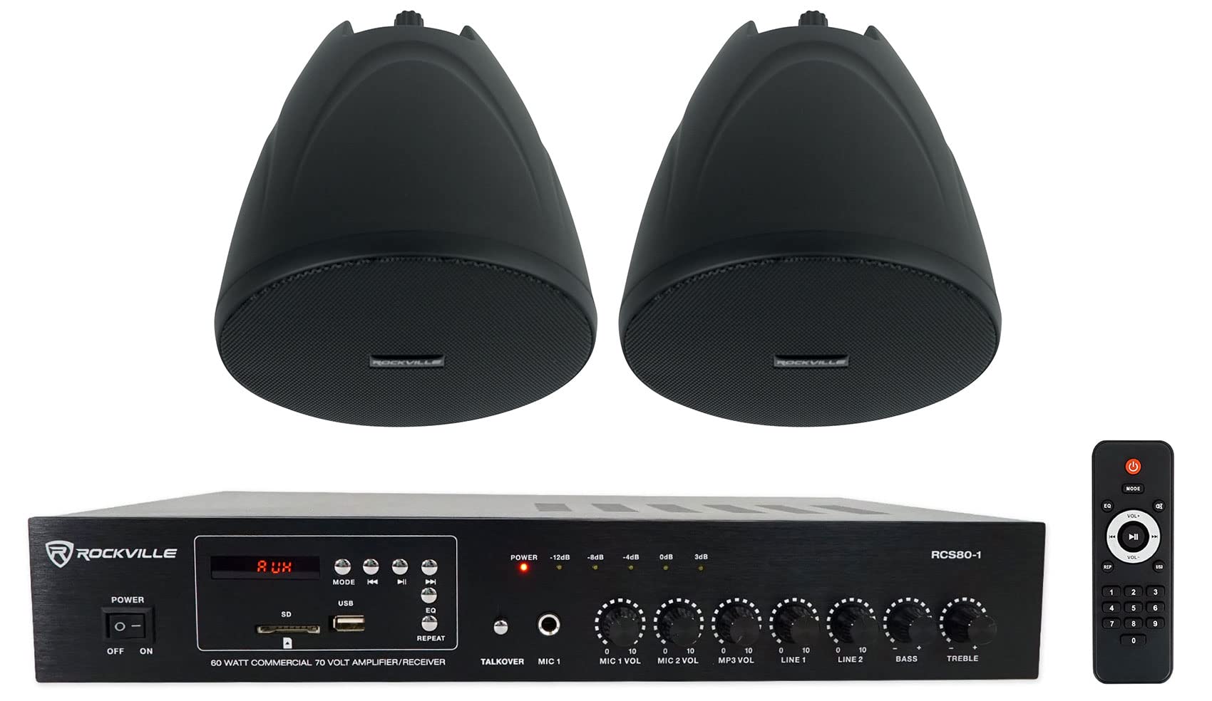 Rockville RCS80-1 Bundle: 60-Watt 70V Commercial/Restaurant Amplifier Bluetooth Receiver, (2) PEN-40T 4 in Black Pendant Speaker