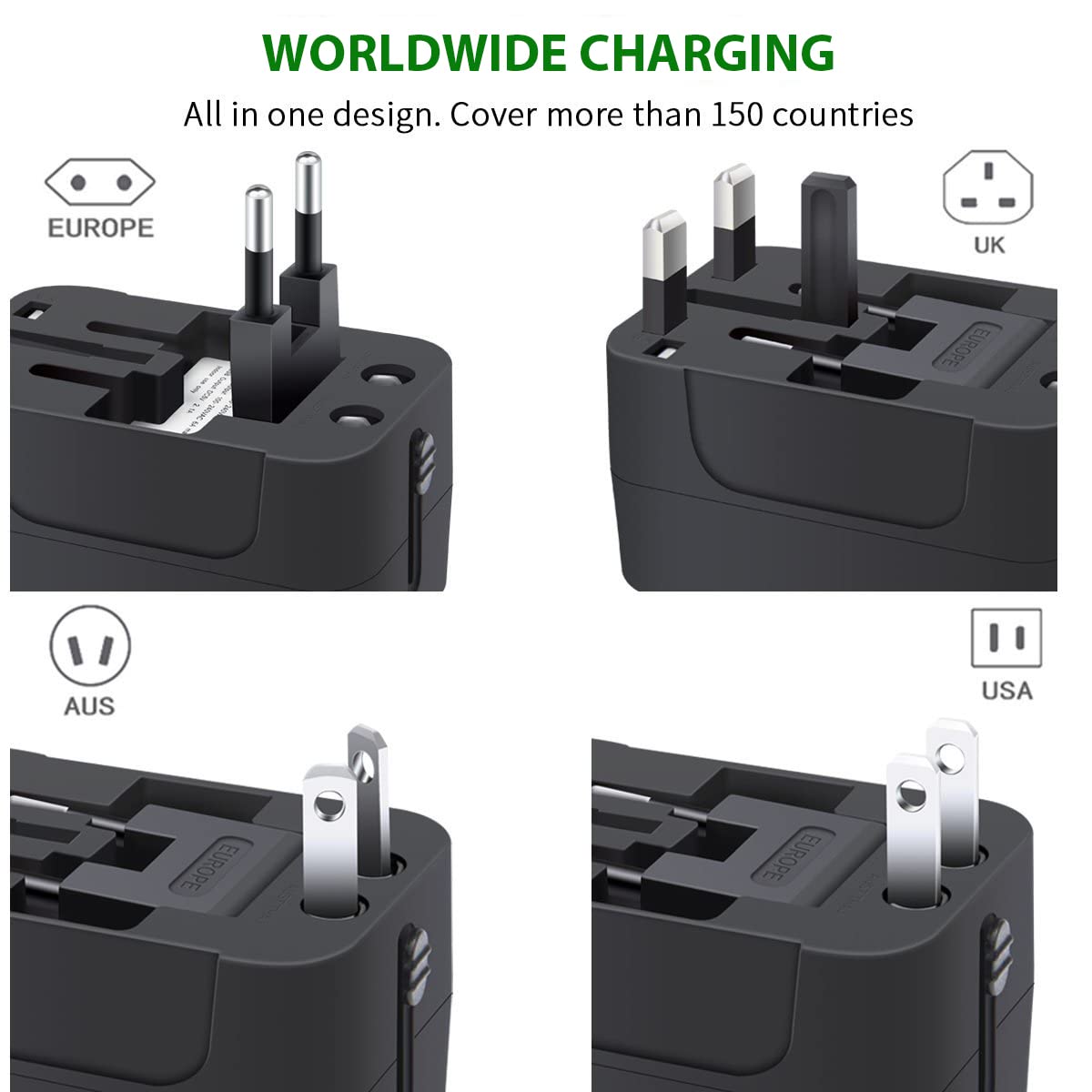 Universal Travel Adapter, All In One Plug Adapter With Usb C, Worldwide Power Adapter Usb Type C Port, International Wall Charge
