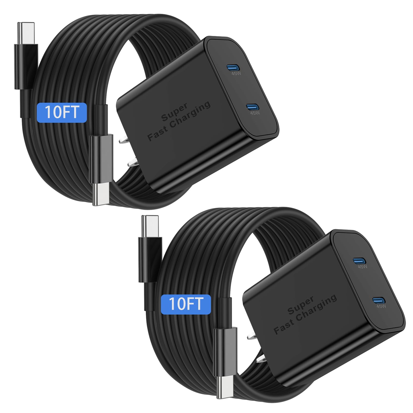 Dual Port 45W Super Fast Charger and Long USB C to C Cable 10ft, Type C Wall Block/Android Phone Charging Cord for Samsung Galax