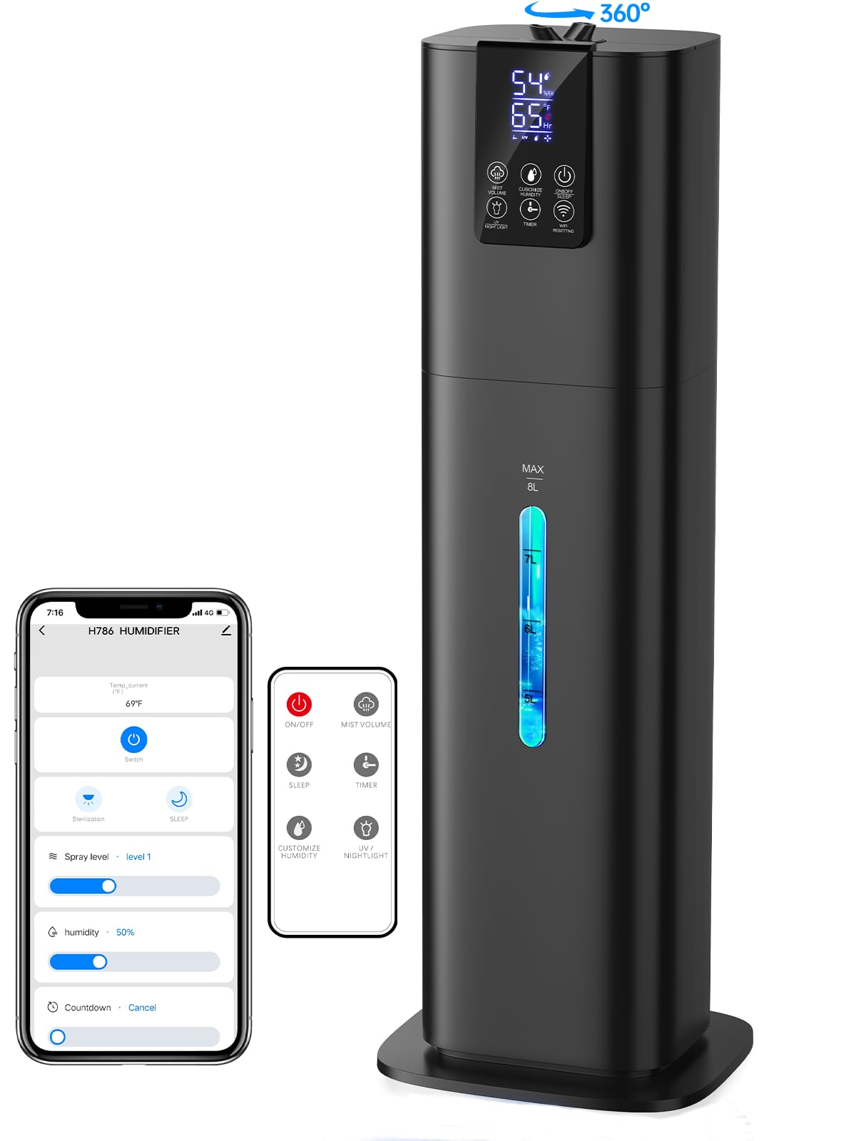 8L Smart Humidifiers For Bedroom Large Room, 2.1Gal Cool Mist Top Fill Diffuser Ambient Light, Wifi App & Remote Control, 3 Mist