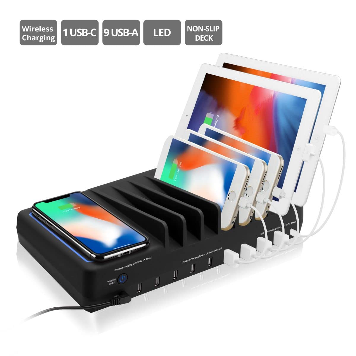 Siig 10 Port 90W Usb Charging Station With Qi Wireless And Usb C Charging, Ambient Light Deck Compatible With Iphone Ipad Samsun