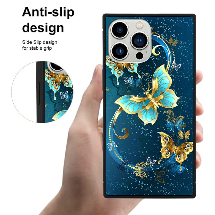 SAKUULO iPhone 14 Pro Max Phone Case Screen Protector Kickstand Blue Butterfly Print TPU Hard PC Slim Shock Absorption