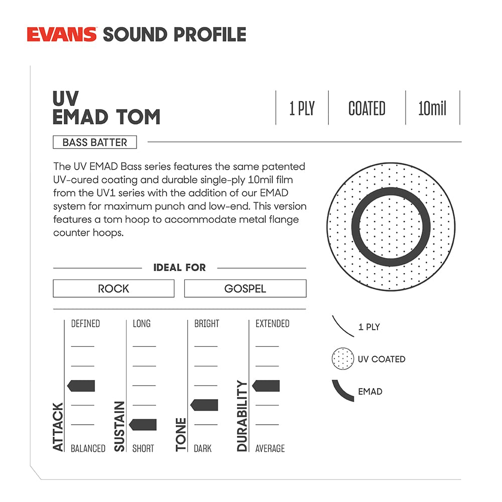 Evans Uv Emad Bass Drumhead,16 Inch, 16 Inch (B16Emaduv)