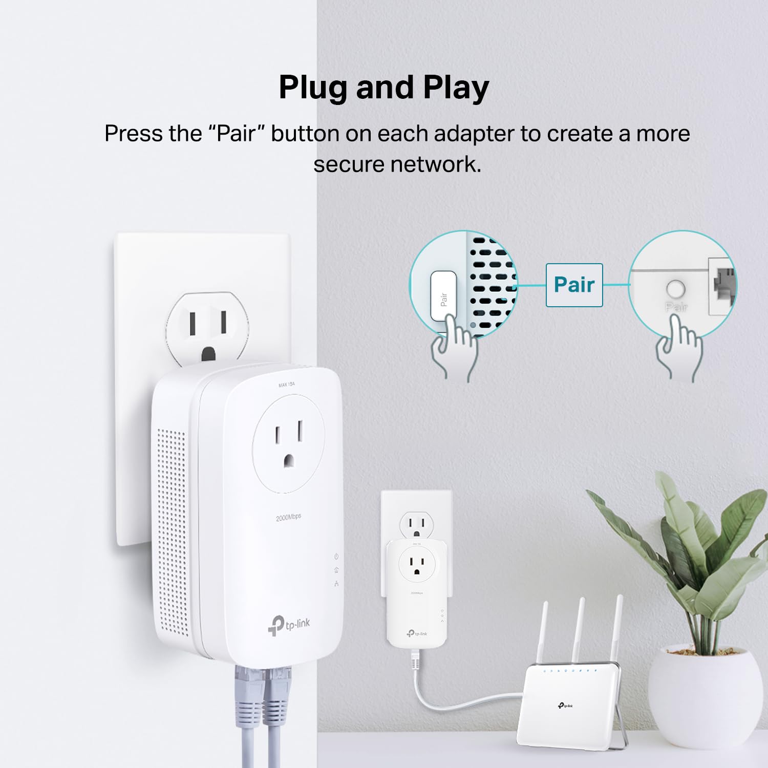TP-Link AV2000 Powerline Ethernet Adapter TL-PA9020P KIT - 2-Port, White, with Passthrough, Noise Filter, 2 Gigabit Ports, Power Saving Mode