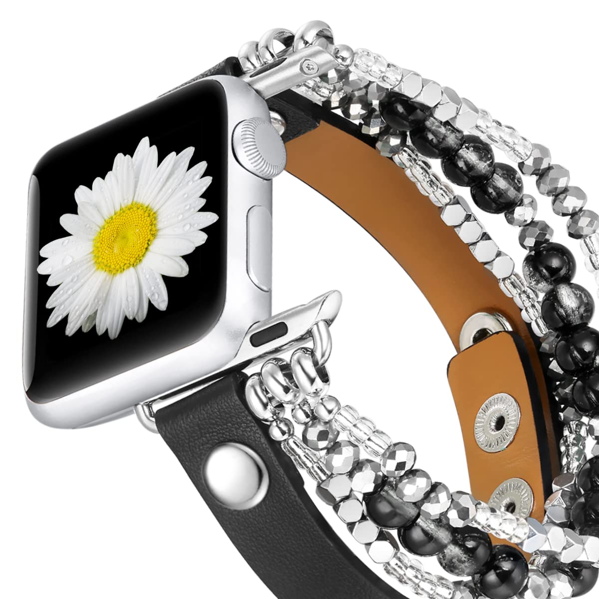 Fastgo Bracelet Band Leather Compatible With Apple Watch 38Mm 40Mm 41Mm Women, Dressy Fancy Elastic Beaded Jewelry Strap For Iwa