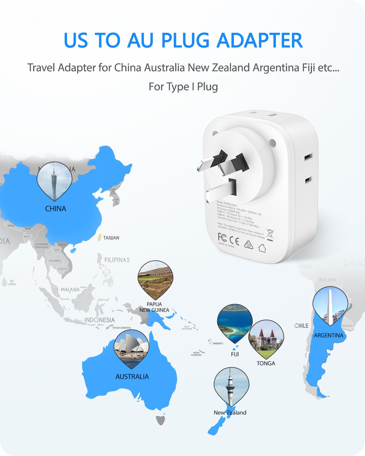 Lencent Australia New Zealand Power Plug Adapter, Australian Travel Adaptor With 4 Outlets, 4 Usb Charger(2 Usb C Port), Type I