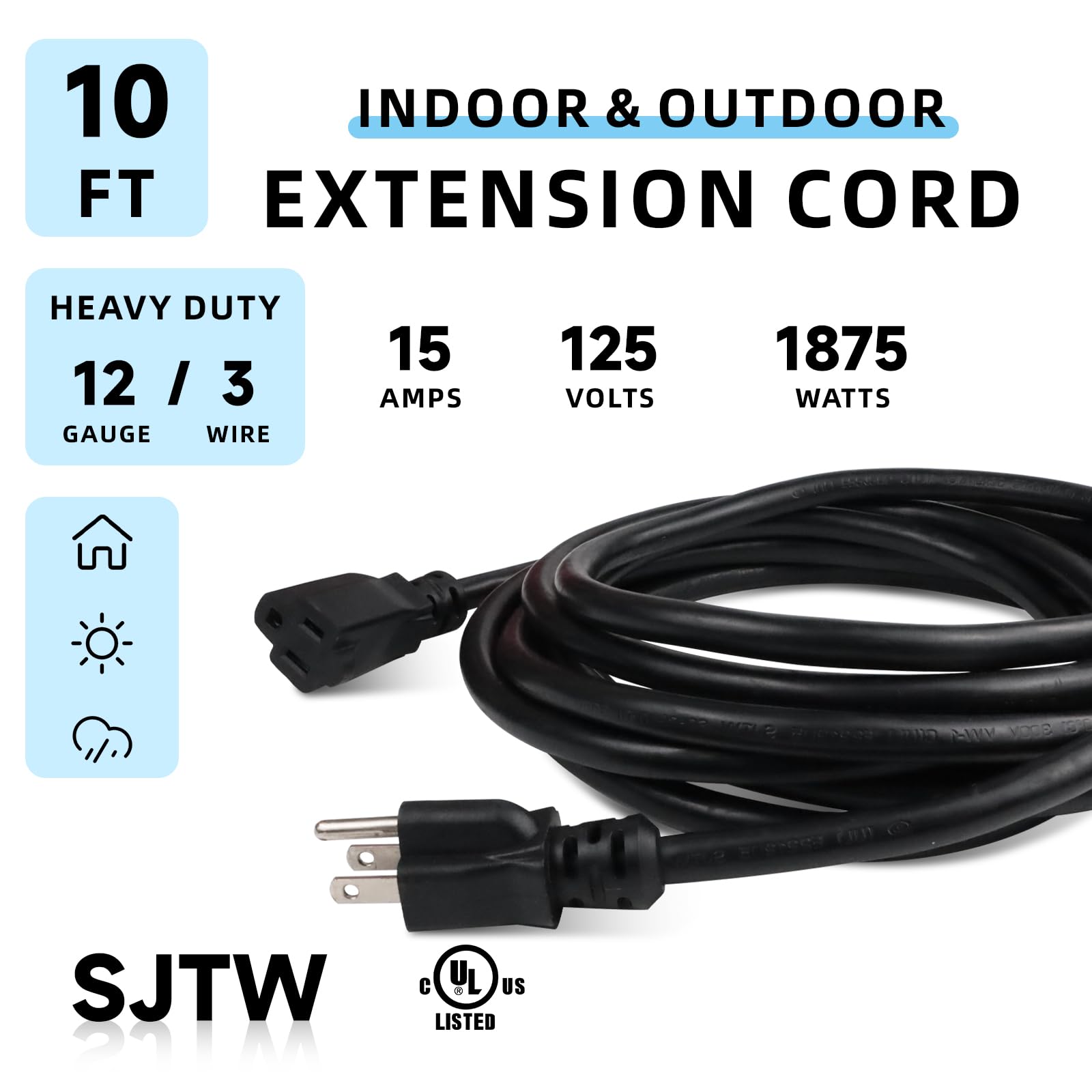 Ep 10 Ft Outdoor Extension Cord   12/3 Sjtw Heavy Duty Black Extension Cable With 3 Prong Grounded Plug   Power Cord For Lawn, G