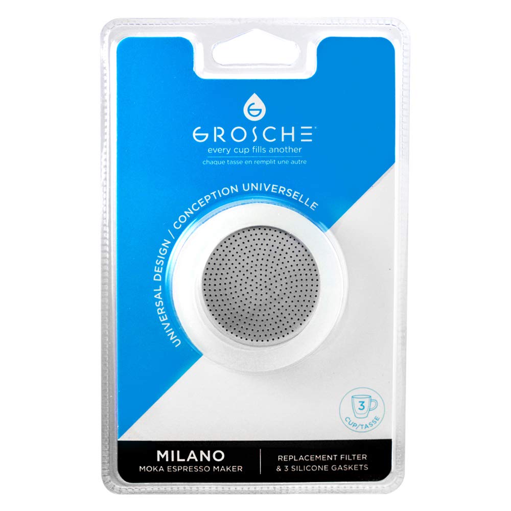 Grosche Milano Stovetop Espresso Maker Replacement   3 Espresso Cup Size Silicone Gasket Seals (3 Seals) & 1 Replacement Filter