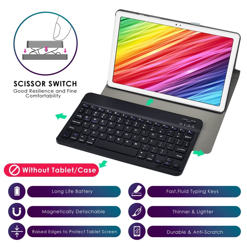 Detuosi Universal 10 Inch Wireless Keyboard, (0.23 Inch) Ultrathin Slim Lightweight Travel Portable, 10.1'' Multi Device Wireles
