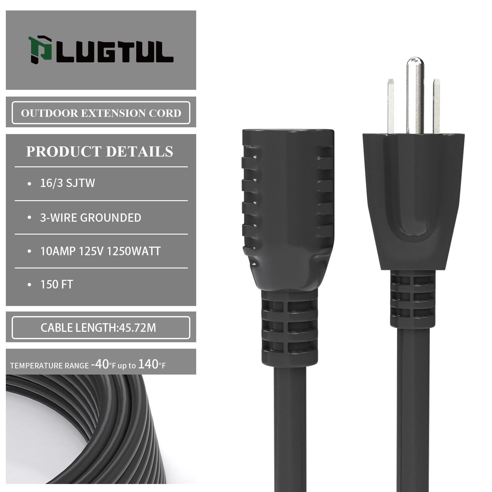 150 Ft Outdoor Extension Cord Waterproof, 16/3 Black Heavy Duty 3 Prong Extension Cord, 10A 1250W Sjtw, Etl Listed, Great For Ga