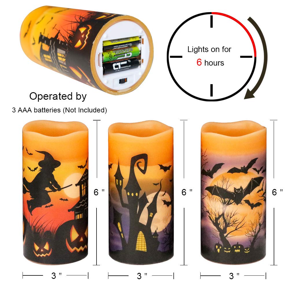 Wondise Halloween Flameless Flickering Candles With 6Hrs Timer, Battery Operated Candles With Halloween Decals Real Wax Led Pill