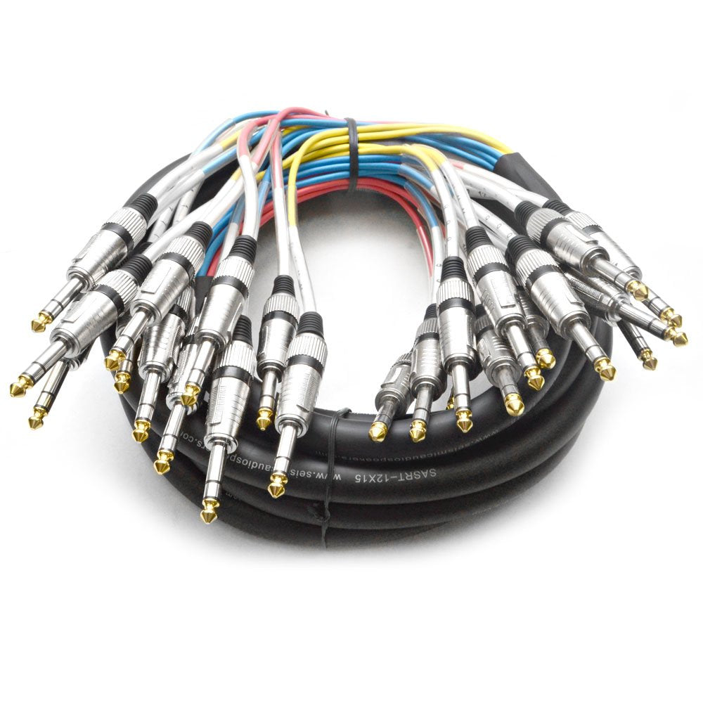 12 Channel 1/4 TRS Snake Cable - 15 Feet Long - Serviceable Ends - Pro Audio Effects Snake for Live Live, Recording, Studios, an